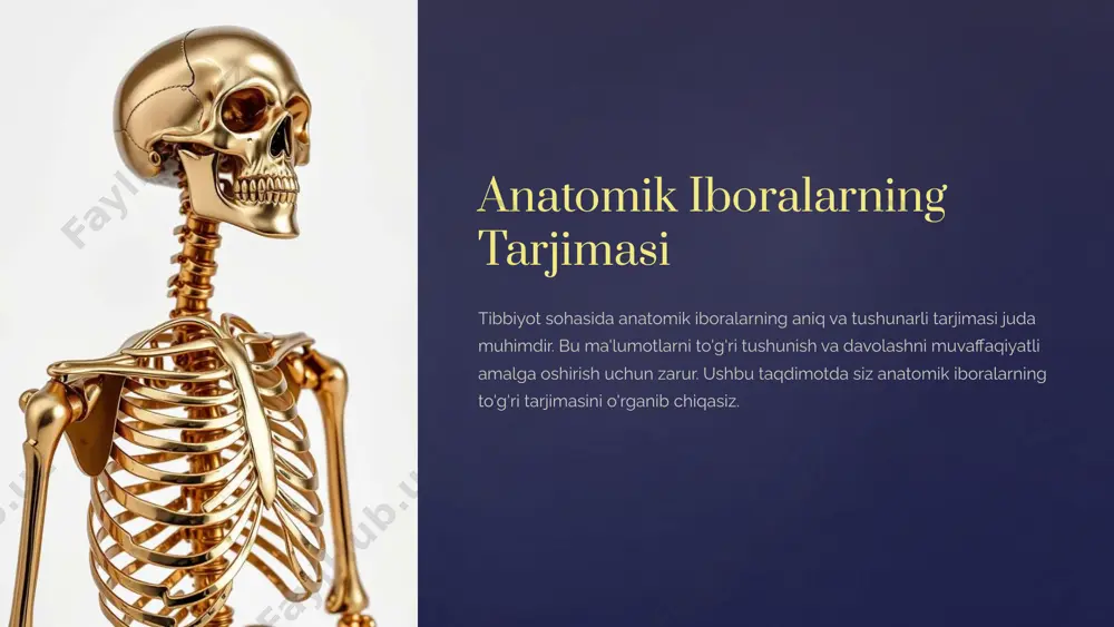eletlar va boshqa amaliy mashg'ulotlar iboralarni tushunishni osonlashtiradi. 3 doktorlar va mutaxassislar bilan muloqot doktorlar va anatomiya bo'yicha mutaxassislar bilan muloqot qilish iboralarni o'rganish uchun eng yaxshi usullardan biridir. 6 anatomik iboralarni qo'llash diagnostika tibbiy mutaxassislar bemorlarning holatini diagnostika qilishda anatomik iboralarni ishlatadi. davolash anatomik iboralar davolash rejalarini tuzishda va dori-darmonlarni buyurishda ishlatiladi. ilmiy tadqiqotlar anatomik iboralar tibbiy tadqiqotlarni olib borishda va natijalarni taqdim etishda muhim rol o'ynaydi. 7 xulosa anatomik iboralarning to'g'ri tarjimasi tibbiyot sohasida muhimdir. ushbu iboralarni tushunish diagnostika, davolash va ilmiy tadqiqotlarni olib borish uchun zarurdir. ushbu taqdimotda olingan bilim sizga anatomik iboralarni to'g'ri tushunishga va ishlatishga yordam beradi. 8 image2.jpeg image3.jpeg image4.jpeg image5.jpeg image6.jpeg image7.jpeg image8.jpeg image9.jpeg image10.jpeg image11.jpeg image12.jpeg image13.jpeg image14.jpeg image15.jpeg image16.jpeg /docprops/thumbnail.jpeg