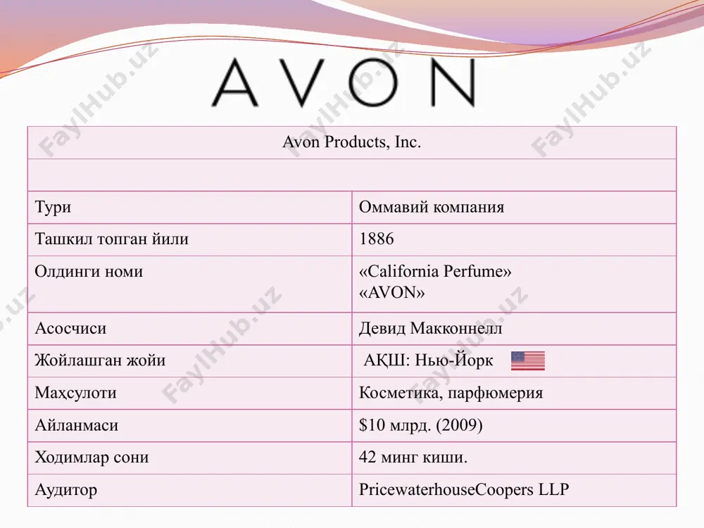 л бошқарувчиси бўлиб қолди. унинг шарофати шу йилда avon глобал реклама компанияси бутун дунё бўйича ўз фаолиятини бошлайди. компания каталогидаги ассортиментлар 2 мартага кўпайди. савдо хажми 45 % га ортди. 2002 йил. россияда avon нинг «биргаликда кўкрак ракига қарши» хайрия дастури ишга тушди. 2004 йил 28 июлда россиянинг москва вилоятининг наро-фоминск шаҳарчасида avonнинг заводи ишга тушди. 2006 йил. avon тирноқлар учун лак-плёнка ни сотувга чиқарди. avonнинг хозирги холати кампанянинг хозирги директори ангела крету болиб у бу лавозимга 2020йили январда тайинланган. бу компаня дунйодаги 2 йирик тогридан тогри сотувчи компанядир .оператцон даромад бу йил тахминан 403,9милонга осиши мумкин avon махсулотлари отган йили оператцон даромади 270,48 милонни ташкил етди . 2022йил 30март холатига кора дароматлар тахминан 8,2милярд доллоргача осиши мумкин. image2.jpeg image3.png image4.png image5.jpeg image6.jpeg image7.jpeg image8.jpeg image9.jpeg image10.jpeg image11.jpeg image12.jpeg image13.jpeg image14.jpeg image15.jpeg image16.jpeg image17.jpeg /docprops/thumbnail.jpeg