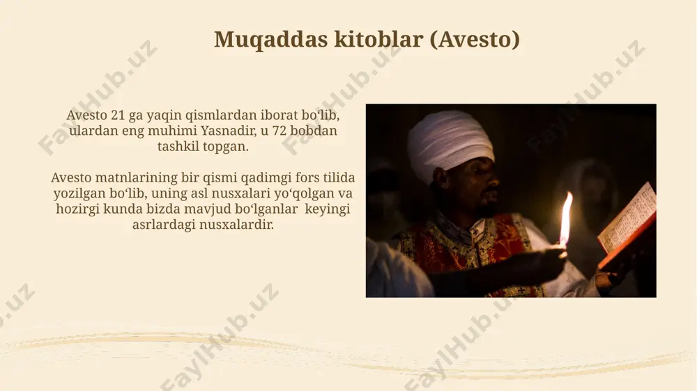 va axloqiy tamoyillari keyinchalik boshqa dinlarga ta'sir ko'rsatgan. qiyomat kunining tasavvuri qiyomat kunida yaxshilar va yomonlarni ajratish uchun "chinvat pul" (sirat koʻprigi)dan oʻtish sinovi mavjud boʻlib, u soʻnggi hukm uchun muhim ahamiyatga ega. zamonaviy zoroastriylikda ham, qiyomat kunining kelishi, 72 ta yovuz ruhning magʻlubiyati va ahrimanning (yovuz ruh) oxiratdagi yakuniy magʻlubiyati kabi muhim tushunchalar saqlanib qolgan. e'tiboringiz uchun rahmat @taqdimot_robot image2.jpg image3.jpg image4.jpg image5.jpg image6.jpg image7.jpg image8.jpg image9.jpg image10.jpg image11.jpg image12.jpg image13.jpg image14.jpg image15.jpg image16.jpg image17.jpg image18.jpg