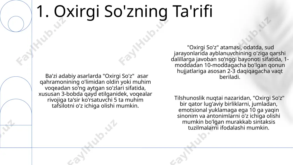 qaradi. oxirgi so'zning ijtimoiy ta'siri, 70% hollarda ommaviy axborot vositalarining qamrovi va tarqalish tezligiga bog'liq bo'lib, bu esa keng ko'lamli jamoatchilik fikrini shakllantirishga olib keladi. siyosiy nutqlarning oxirgi so'zlari, o'rtacha 25% ga saylov natijalariga ta'sir ko'rsatishi mumkin, shu sababli siyosatchilar buni diqqat bilan rejalashtiradilar. 7. oxirgi so'zning ijtimoiy ta'siri e'tiboringiz uchun rahmat @taqdimot_robot image1.png image2.png image3.png image4.png image5.png image6.png image7.png image8.png