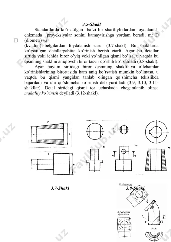 asvirlanadi (3.24-shakl) 5.chizmada shartliylik va sodalashtirishlar.chizmalarni soddaroq va tushinarli qilish, chizmani chizishga ketgan vaqtni tejash maqsadida ko’rinish qirqim yoki kesim simmetrik shaklda bo’lsa, tasvirning yarmini chizish yoki yarmida ko’prog’ini ko’rsatib, uni to’lqinsimon chiziq bilan chegaralanib qo’yish mumkun. yaxlit datallarni kesuvchi tekislik ularning asosiy o’qlari orqali o’tgan bo’lsa, qirqilmay tasvirlanadi. bunday detallar bolt, vint parchin mixlar, yaxlit shpinderlar , vallar, ponalar, mariklar, shponkalar va boshqalar kiradi (3.25-shakl) proyeksiyalar tekisligiga qiya joylashgan chambarak va shunga o’xshash elementlar qirqimlarda proeksiyalar tekisligiga qiya joylashgan chambarak keygay va shunga o’xshash elementlar qirqimlarda proeksilar tekesligiga parallel vaziyatlarda burab tasvirlanadi lekin shtrizlanmaydi aks xolda kegay xaqida to’g’ri tasavvur bermagan bo’lar edi (3.26-shakl). tishli g’ildiraklar va shunga o’xshash detallarda ikki tishli to’la ko’rsatilib qolganlari shartli yoki shartli soddalashtirilib ko’rsatiladi (3.27-shakl). paza yoki teshigi bo’lgan detallarning to’la tasavvurini ko’rsatilmasdan shu elementlarning konturini ko’rsatishi mumkin (3.28-shakl). ma’lumki aylanish sirtli ya’ni slindrik yoki konus simon detallarning o’lchami oldiga ni qulash ularni …