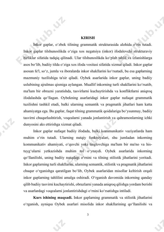 chiqqanlar. shuningdek, 1980-1990 yillar davomida bu mavzu adabiyotshunoslikda ham o‘rganila boshladi, ayniqsa, badiiy nutqdagi inkorning roli va funksiyalari haqida ilmiy izlanishlar qilindi. o‘rta asr va zamonaviy o‘zbek adabiyotida inkor gaplarning badiiy tasvir vositasi sifatidagi ahamiyatini ilmiy tadqiq etish esa, 2000-yillardan keyin ancha kengaygan. bu davrda tadqiqotlar nafaqat grammatik jihatlar, balki inkorning obraz yaratishda, ijtimoiy va kommunikativ vazifalarni bajarishda qanday ishlatilishi haqida ham chuqur ma’lumotlar keltirilgan. xususan, oybek asarlari, uning tilida inkor gaplarning badiiy ahamiyatini o‘rganish bo‘yicha tadqiqotlar ham 2000-yillardan boshlab kengaygan va hozirgi kunda ularning badiiy uslubda qanday ishlatilishi haqida bir qator ilmiy ishlar mavjud. kurs ishining obyekti. oybekning asarlari, ayniqsa, uning "qutlug‘ qon" va "navoiy" romanlari bo‘lib, inkor gaplarning grammatika, semantika va stilistik jihatlarini o‘rganishdir. o‘rganish uchun o‘zbek adabiyotining badiiy tilini va uning ichki strukturaviy xususiyatlarini tahlil qilish muhim. bu ishda oybekning asarlarida inkor gaplarning qo‘llanilishi, ularning ma’nosi, badiiy tasvir vositalaridagi roli va kommunikativ funksiyalari tadqiq qilinadi. obyekt sifatida, …