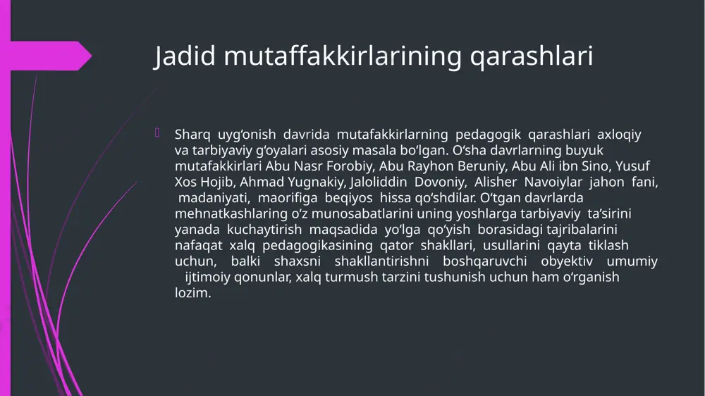 tib ketishiga qarshi chiqqan. uning fikriga ko‘ra, risoladagidek tarbiyani muvaffaqiyatli amalga oshirish uchun bolalarga insoniy munosabatda bo‘lish darkor. tarbiyachining o‘zi bola shaxsini hurmat qilishi, uni sevishi va bola bilan yaxshi munosabatda bo‘lishi lozim. ibn sino tarbiya omilining ahamiyatini chuqur anglagan va ijobiy omil ahamiyatini juda qadrlagan, uni tarbiyaning asosiy vositalaridan biri deb bilgan. alisher navoiy alisher navoiy asarlari besh yuz yildan buyon ko‘plab avlodlarni hayajonga solib keladi. insonparvarlik, muhabbat g‘oyalari, insonning oliy maqsadlarini kuylash navoiy merosida asosiy o‘rin tutadi. navoiyning pedagogik qarashlari o‘ta insoniyligi bilan ajralib turadi. u bola shaxsini shakllantirish va tarbiyalash masalalariga juda katta ahamiyat bergan, navoiy farzandni oilaga quvonch va baxt keltiruvchi shamchiroq, deb bilgan. navoiy bolaga uning yoshiga qarab eng kichik yoshdan to‘g‘ri tarbiya berish zarur, fanlarni o‘rganishni iloji boricha barvaqt boshlash lozim, deya abdulla avloniy abdulla avloniy (1878–1934) –jamoat va siyosat arbobi, shoir hamda pedagog bo‘lib, abdulla avloniyning yosh avlodga tarbiya berish haqidagi qarashlari. abdulla …
