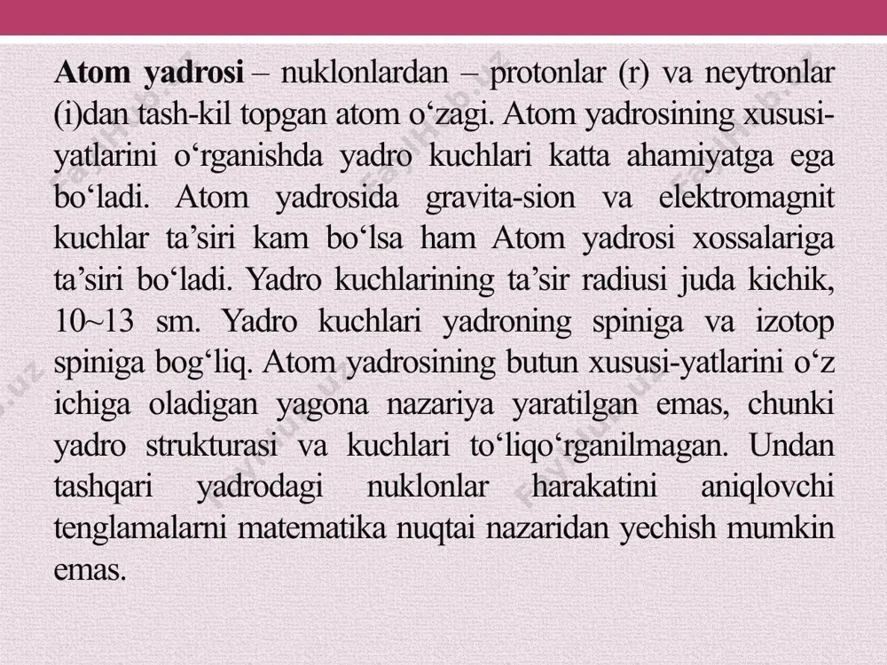 h vaqtlari va parsial kengli-klari oʻlchandi, spin, juftlik, magnit va elektr momentlari, deformatsiya pa-rametrlari aniqlandi. oqibatda atom yadrolarining tuzilishiga tegishli ma’lumotlar olindi. foydalanilgan adabiyotlar : 1.abdurazzoqov atom atom, nazirov e. n., rasulova m. y.. yosh fizik ensikloperik lugʻati, 1989-yil. 2.o’zme. birinchi jild. toshkent, 2000-yil image2.png image3.png