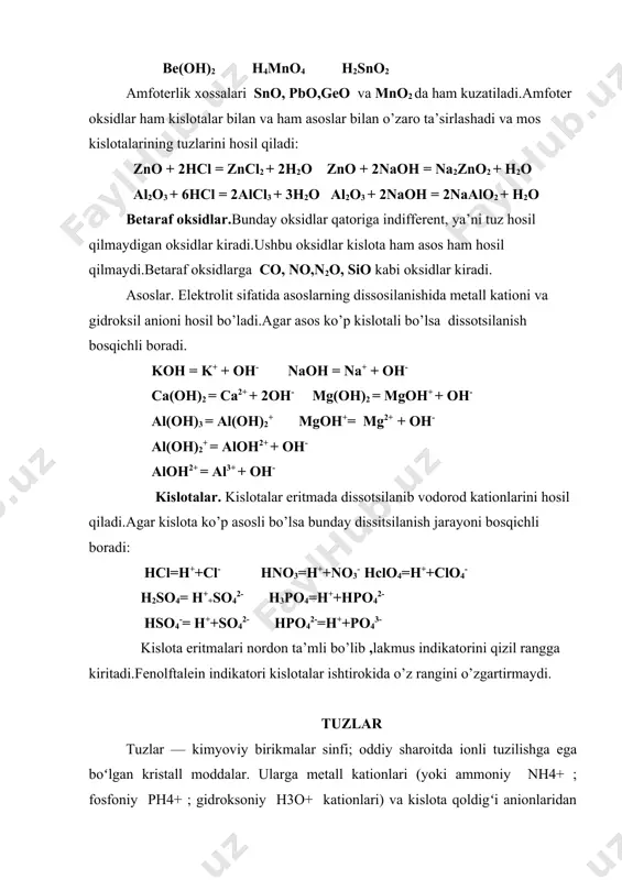2co3, k2so4a12(so4)3 shaklida ham yozish mumkin. agar biror qoʻsh tuzlar garkibidagi metallardan biri anion tarkibiga kirsa, bunday qoʻsh tuzlarni kompleks tuzlar deb qarash kerak; mas., agar kclmgcl2 tarkibidagi magniy metali anion tarkibiga kirsa, k [mgcl3] shaklli kompleks tuzlar, 3nafalf3 tarkibidagi alyuminiy metali anion tarkibiga oʻtsa, na3[alf6] shaklli kompleks tuzlar kelib chiqadi. umuman qoʻsh tuzlar bilan asoslar kimyoda asos vodorod ionlari (protonlar) ni qabul qila oladigan, yoki keng aytganda, elektron juftlarini bera oladigan moddadir. eruvchan asosga, agar u gidroksid ionlariga (oh-) ega boʻlsa va ularni qoʻyib yuborsa, ishqor deyiladi. bronsted-lowry (talaffuzi: broʻnsted-louri) nazariyasi asoslarni proton akesptorlari, lewis (talaffuzi: luis) nazariyasi esa elektron juftlari donorlari, deydi. eski arrhenius (talaffuzi: arrenius) nazariyasi asoslarni gidroksid anionlari, deydi, lekin bugunda bu taʼrif faqat ishqorlarga tegishli. suvda asoslar kimyoviy muvozanat avtoionlanishini oʻzgartirib, sof suvdagidan kamroq faollikli vodorod ionili eritmalar beradi, yaʼni ph normal sharoitda 7 dan yuqori boʻladi. keng tarqalgan asoslarga misol qilib natriy gidroksid va …