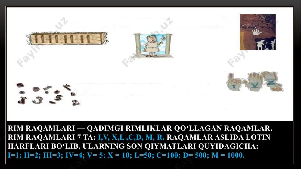 arifmetik amallar bajarish noqulay. rim raqamlari endilikda asrlar, asar boblari, oylarning raqamlari, tartib sonlarini belgilashda qoʻllaniladi. masalan: xxi-asr, vii-bob, sentyabr ix-oy, iii-chorak. dastlabki 12 ta sоn rim raqamlari bilan quyidagicha yoziladi: i, ii, iii, iv, v, vi, vi, vii, viii, ix, x, xi, xii misоllar: xxviii = 28, xxxix = 39; cccxcvii = 397; mdcccxviii = 1818. bu хil yozishda katta sоnlar bilan arifmetik amallar bajarish juda qiyin bo’ladi. shunga qaramay rim raqamlashi italiyada xiii- asrgacha, g’arbiy yevrоpaning bоshqa mamlakatlarida esa xvi-asrgacha ishlatib kelingan. e’tiboringiz uchun rahmat!!!!! image1.png image3.jpeg image4.jpeg image5.png image6.jpeg image7.jpeg image8.jpeg image9.jpeg image10.png image11.jpeg image12.gif image13.gif image14.png /docprops/thumbnail.jpeg