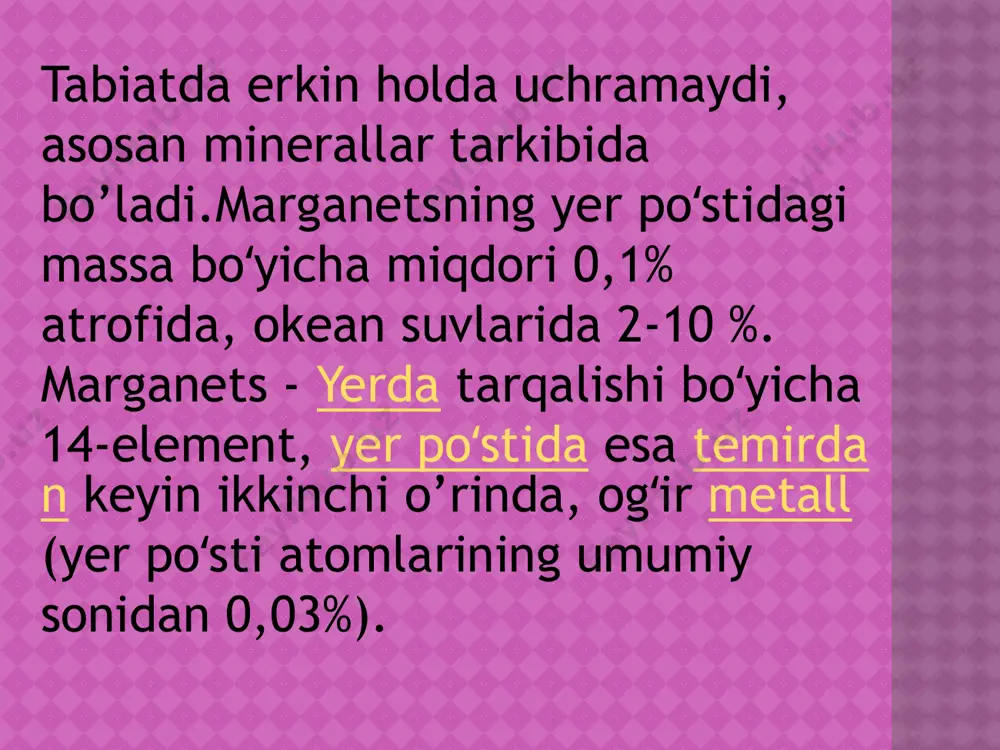 rakterli pushti binafsha rangdagi permanganat kislota hmno4 ga aylanadi. bu yerda oksidlanovchi vazifasini pbo2 bajaradi. uning tarkibiga qo’rg’oshin 4 qo’rg’oshin 2 ga qaytariladi 2mn2++5pbo2+4h+ 2mno4_+5pb2++2h2o 8.ammoniy persulfat (nh4)2s2o8 bilan oksidlash ag2+ katalizatori ishtirokida olib boriladi.ag+ ionlari ammoniy persulfat ta’sirida ag+ ionlarigacha oksidlanishi mumkin:2ag++s2o2-=ag2++2so42- e’tiboringiz uchun rahmat image2.jpeg image3.jpeg image4.jpeg image5.jpeg image6.jpeg image7.jpeg image8.jpeg image1.jpeg