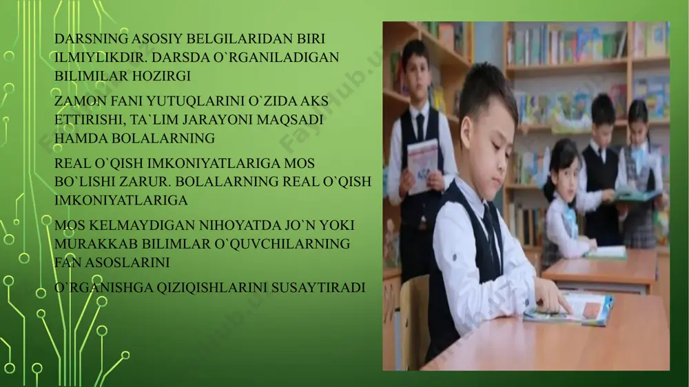 shadi. o`tilgan mavzu takrorlangach, yangi o`quv materialini tushuntirishga o`tiladi. aks holda ish to`g`ridan to`g`ri yangi mavzuni izohlashdan boshlanadi. ikkala holda ham yangi o`quv materiali tushuntirilgach, uni shu o`quv soatining o`zidayoq mustahkamlashga o`tiladi. demak, birinchi dars tipini ”yangi o`quv materialini o`rganish va mustahkamlash darsi” deb atamoq maqsadga muvofiq bo`ladi. didaktik qo`llanmalarda darsning ikkinchi tipi ”mustahkamlash darsi” nomi bilan yuritiladi. bunday darslarda o`quvchi oldin o`rganilgan o`quv materialiga ikkinchi marta takroriy qaytib keladi. o`quv materiallariga takroriy qaytish natijasida malakalar shakllanadi. shu tufayli ikkinchi dars tipini “o`tganlarni takrorlash va malaka hosil qilish darslari” deb belgilaymiz maktablar tajribasida yuqorida sanalgan darslarning hammasi ham qo`llanilmaydi. o`rganilgan bilimlarni amaliyotda qo`llash o`tganlarni takrorlashning murakkab ko`rinishlaridir. binobarin, uni alohida dars tipi sifatida tahlil etishga ehtiyoj qolmaydi. mustahkamlash, takrorlash, umumlashtirishni bir dars tipiga birlashtirish mantiqan to`g`ri emas. o`zlashtirish keng tushuncha bo`lib, u o`z ichiga o`quv materiallarini his etish, anglash, o`rganish, malaka hosil qilish, umumlashtirish, xotirada saqlash kabi qator ruhiy hodislarni …