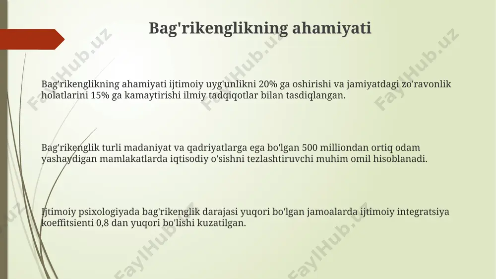 igini tan olgan va bu esa ijtimoiy uyg‘unlikka tahdid soladi. ta’lim tizimida gender stereotiplariga qarshi kurashish uchun 30 dan ortiq innovatsion dasturlar qo‘llanilmoqda, ammo ularning samaradorligini baholash uchun qo‘shimcha tadqiqotlar zarur. bag'rikenglikni oshirish yo'llari bag'rikenglikni oshirishda 5 yoshdan 12 yoshgacha bo'lgan bolalarga empatiya va boshqalarning his-tuyg'ularini tushunish ko'nikmalarini o'rgatish samarali bo'ladi, bu esa ijtimoiy bag'rikenglik darajasini 30% ga oshirishi mumkin. madaniy xilma-xillikni aks ettiruvchi 10 ta turli xil voqea va shaxslar haqida hikoyalarni o'qish va muhokama qilish bag'rikenglikni rivojlantirishga va 25% ga stereotiplarni kamaytirishga yordam beradi. bag'rikenglikni oshirish uchun 7 kunlik dastur doirasida o'zaro hamkorlik va muloqotga asoslangan 3 ta amaliy mashg'ulotlarni o'tkazish, ishtirokchilarning tolerantlik darajasini 20% ga oshiradi. ta'lim va tarbiyaning roli interaktiv o'yinlar va muhokamalar orqali 20% ga yaqin o'quvchilarning stereotiplarni buzish va turli g'oyalarga nisbatan tolerant bo'lish qobiliyatini oshirishga erishish mumkin. o'quv dasturlariga bag'rikenglikni rivojlantirishga qaratilgan 3 ta asosiy modulni kiritish orqali, milliy va madaniy xilma-xillikni qadrlashga …