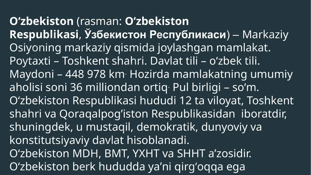 9,4 kishi. shahar aholisi 48,5 %, qishloq aholisi 51,5 %. davlat tillari — qoraqalpoq va oʻzbek tili. etnik tarkibi — o'zbeklar (38,8 %), qoraqalpoqlar (35,8 %) qozoqlar, (11,8 %) va boshqa millatlar. dindorlari — musulmon sunniylar. yirik shaharlari: nukus toʻrtkoʻl, taxiatosh, xoʻjayli, qoʻngʻirot, chimboy. qoraqalpogʻiston respublikasida 2 millionga yaqin kishi yashaydi.(2022-yil) sirdaryo viloyati navoiy viloyati jizzax viloyati namangan viloyati samarqand viloyati toshkent viloyati buxoro viloyati surxandaryo viloyati xorazm viloyati qashqadaryo viloyati farg’ona viloyati toshkent shahri qoraqalpog’iston respublikasi xorazm viloyati xorazm viloyati — oʻzbekiston respublikasi tarkibidagi viloyat. 1925-yil fevraldan 1938-yil yanvargacha xorazm okrugi, 1938-yil 15-yanvarda viloyat maqomiga oʻtkazilgan. umumiy maydoni — 6,05 ming kvadrat kilometr. tarkibida 11 qishloq tumani ]3 shahar ,7 shaharcha, 100 qishloq fuqarolari yigʻini bor. viloyat 11 ta tumanga ajratilgan, xorazm viloyatida 56 ta shahar tipidagi aholi punktlari bor qishi moʻtadil sovuq, qor kam yogʻadi, yanvarning oʻrtacha temperaturasi −5°, eng past temperatura −32°. yozi issiq, quruq, iyulning oʻrtacha …
