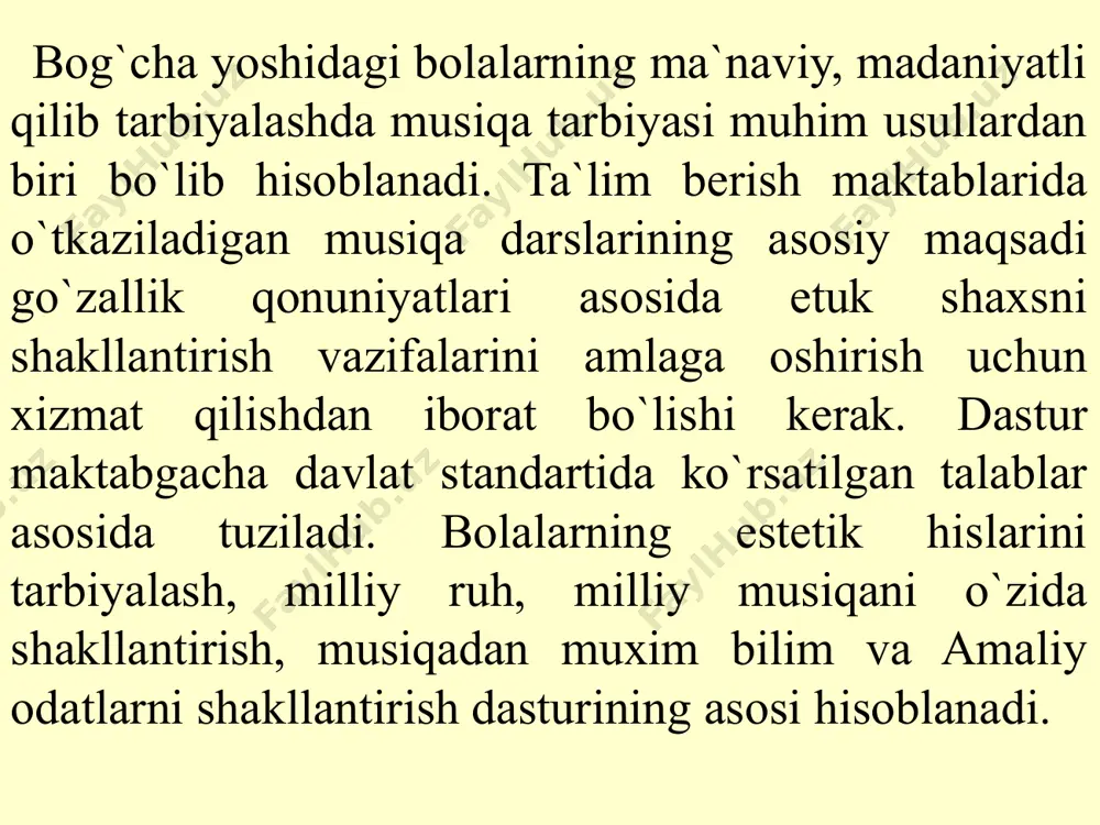 rivojlanishida musiqa tinglash ko`nikma va odat muhim o`rinlarning birini egallaydi. pedagogika fanida qo`shiq aytish faoliyatining tarbiyaviy ahamiyati alohida. milliy ruhni o`zida ifodalagan xalq qo`shiqlari, kuylari, bolalarning dunyoni badiiy his qilib va idrok qilishi, zavqlanishiga yordam beradi. musiqa obrazlariga muvofiq har xil harakat va o`yinlarni (tantsa) o`yinda har xil obrazlarni ta`sirchan ijro etish muhim ahamiyatga ega. sababi harakat musiqiy qobiliyatni shakllantirish va jismoniy rivojlanishda juda muhim harakatda asarning badiiy mazmuni, quvnoqligi tasvirlanadi. bolalar asboblaridan chiqqan rang-barang kuylar bolalarni sozlarning tovushi bilan tanishtiradi. ularda zavqlanish, quvonch kabi yoqimli ma`naviy sharoitni yuzaga keltiradi. dasturning mazmunida asboblar bilan tanishtirishdan boshqa bilimlar yoshga mos bo`lgan urib qoqilib chalinadigan sozlar va musiqiy o`yinchoqlar yordamida oddiy ijodiy usullarni bajara oligga o`rgatish vazifalari qo`yiladi. bog`cha yoshida bolalarning musiqiy ijodining dastlabki asoslari paydo bo`la boshlaydi. zehnli bolalar oddiy qo`shiq, o`rgangan o`yin, harakat turini mustaqil yaratgan ijodiga moslashtiradi, har xil obrazlarni yangida tahlil qiladi, o`yinda ta`sirli xossalarni o`ylab topadi, ijodning …