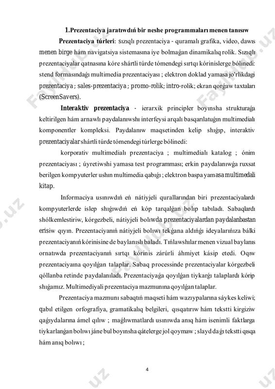 rafiklar, animatsion effektler, dawıs, videokliplar hám taǵı basqalardan ibarat slaydlar payda etiw imkaniyatın beredi. slaydlar izbe-izliginen payda bolǵan prezentaciyanı kompyuter ekranında, videomonitorlar hám úlken ekranlarda kórsetiw múmkin. prezentaciya jaratıw - bul slaydlar izbe-izligin qurıw hám bezegin beriw bolıp tabıladı. 6 google prezentatsii googlediskta biypul virtual ofis prezentaciyanı islep shıǵıw múmkinshiligine iye. googlediskta prezentaciyalardı islep shıǵıw power point programması sıyaqlı bolıp, onlayn tárzde kóplegen xoshlasıw ózgerisler iye interfeyz bir az qısqartirilgan bolıp tabıladı. bunda power point programmasınıń onlayn versiyasınan kóbirek múmkinshiliklerine iye esaplanadı. prezentaciyanı mut ofis google diskta da jaratıw múmkin. google diskta prezentaciya jaratıw power point programmasında prezentaciya jaratıw menen birdey, biraq google diskta onlayn tárzde jaratıladı hám vide ózgerisler menen parıq etedi. power pointtıń funksiyalarınan tupten parıq etedi. eger sizde litsensiyali power point 2013 bolsa, siz bilesiz basqa hújjetler menen sheriklikte islew múmkin hám google diskta hám taǵı basqa hújjetler menen sheriklikte islew ańsat hám funksiyaları bar. google prezentaciya …