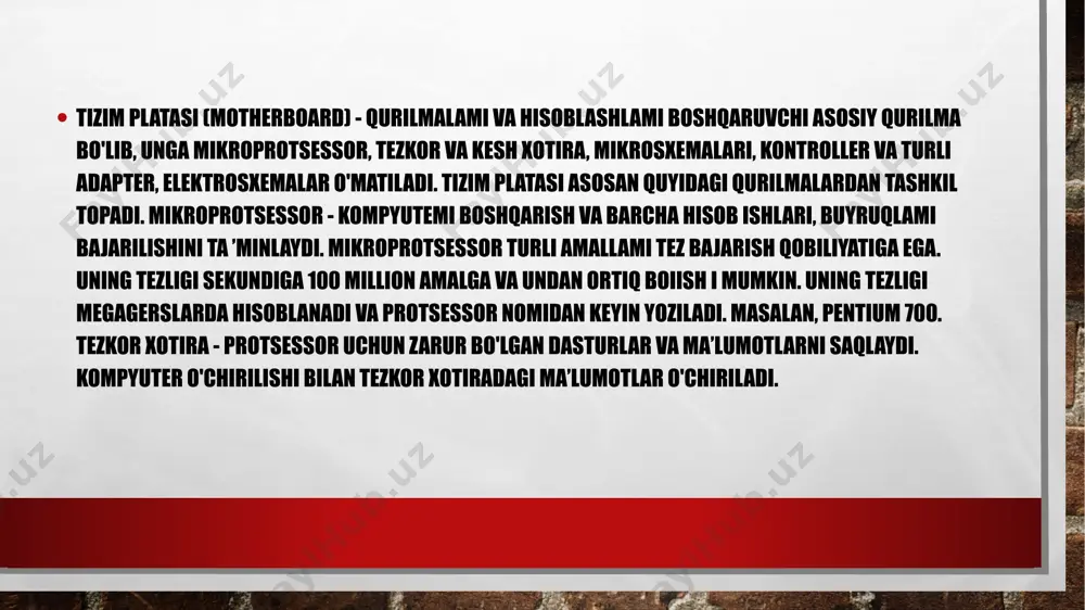 mlari, chipset mikrosxemalari uchun razyomlar. bu konstruktiv elementlar yuqori darajali birlashtirish bilan apparat pog‘onasidagi asosiy elektron tashkil etuvchilarni birlashtiradi. ona plata ko‘pincha ona platalarda audio va video vositalarning elektron tashkil etuvchilari joylashtiriladi. tashqi qurilmalarning tizimli blokka ulanishi, razyomlari tizimli blokning old yoki orqa panellarga joylashtirilgan, tashqi interfeys vositalari yordamida tashkil qilinadi. masalan, sichqoncha ko‘rinishidagi boshqaruv qurilmasini ulash uchun com-port, bosmaga chiqarish qurilmasi uchun lpt-port ishlatiladi. hozirgi kunda o‘nlab firmalar tuzilishi, ular tomonidan qo‘llanilishi mumkin bo‘lgan protsessor turlari va ularning taktlash chastotalari hamda ishchi kuchlanishlarning kattaliklari bilan farqlanuvchi, turli xil tizimli bloklarni katta miqdorda ishlab chiqarmoqdalar. tizimli platalar har xil turdagi tizimli, lokal va tashqi shinalarning interfeyslarini quvvatlaydi. shk ning ishlash samaradorligi qo‘llanuvchi shinalar tarkibiga va bu shinalar uchun mo‘ljallangan platadagi mavjud slotlar miqdoriga bog‘liqdir. integral sxemalar haqida tushuncha shk ning tizimli shinasiga va mpga tipik tashqi qurilmalar bilan bir qatorda ba'zi bir qo’shimcha integral mikrosxemalar ulangan bo’lishi mumkin; ular mikroprosessorning …