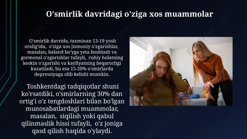 sh joyida stressni boshqarish qiyinchiliklarini boshdan kechirishi va bu toshkent kabi yirik shaharlarda koʻproq uchrashi mumkin. 30 yoshdan oshgan shaxslarning 60%i samarqand viloyatida oʻz kasblarida malaka oshirish kurslariga qatnashish ehtimolini yuqori deb baholaydi, bu esa doimiy oʻrganishga boʻlgan ehtiyojni bildiradi. voyaga yetganlik davridagi stress va uning boshqarilishi adolesentlarda stressni boshqarishning samarali usullaridan biri bu ko'nikmalarga asoslangan terapiya bo'lib, 8-12 hafta davomida muntazam mashg'ulotlar orqali muammolarni hal qilish strategiyasini o'rgatishni o'z ichiga oladi. o'smirlik davrida (13-19 yosh) stressning asosiy manbalari orasida o'quv yuki, tengdoshlar bosimi va oilaviy munosabatlardagi qiyinchiliklar, masalan, toshkentdagi ko'pgina o'quvchilar orasida kuzatiladi. o'smirlik davridagi shaxsning shakllanishi oʻsmirlik davrida, taxminan 13-19 yosh oraligʻida, miya prefontal korteksining rivojlanishi davom etadi, bu esa impulslarni nazorat qilish va murakkab ijtimoiy vaziyatlarni tushunish qobiliyatiga taʼsir qiladi. 2023 yilgi tadqiqotlar shuni koʻrsatdiki, oʻzbekistondagi oʻsmirlarning 70% i ijtimoiy tarmoqlar orqali oʻzlarining identifikatsiyasini qidirishadi va shaxs sifatida shakllanishda bu omil muhim rol oʻynaydi. xulosa va tavsiyalar …