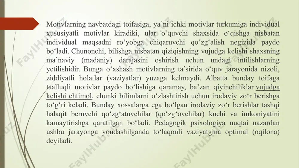 va jamoa motivlari, g‘oyaviy va axloqiy motivlarni ajratish mumkin. shunday qilib, ko‘p hollarda motivlar faoliyatga undovchi kuch sifatida baholanadi. dimitriy nikolayevich uznadze e’tiboringiz uchun rahmat image1.jpeg image2.jpeg image3.jpeg image4.jpeg /docprops/thumbnail.jpeg