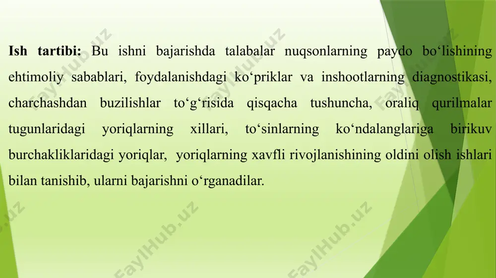 to‘g‘ri chiziqliligi, ayniqsa siqilgan sterjenlardagi biriktirish ustamalarining mavjudligi tekshirilgan bo‘lishi kerak. elementlarning meyoriy salqiliklaridan, burilish burchaklaridan va bo‘lak ko‘chishlardan ortib ketishlarning mavjudligini oshkor qilish zarur. po‘latning yuqori sifati (ayniqsa, zarrasining o‘lchami va bir jinsliligi) va yasalish hamda montaj qilish texnologiyasi (payvandlov sifati va h.k.) po‘lat konstruksiyalar ishonchliligini oshirishning muhim shartlaridir. yuqorida keltirilgan hususiyatlarni e’tiborga olgan holda, po‘lat konstruksiyalarni tekshirish o‘tkazish jarayonida jamlangan yuklardan baland mahalliy zo‘riqishlarga, ta’sir etayotgan cho‘zuvchi kuchlanishlar yo‘nalishiga ko‘ndalang yo‘nalgan, baland mahalliy kuchlanishlar bilan uyg‘unlikdagi keskin kuchlanish konsentratorlariga ega bo‘lgan tugun va detallarga, konstruksiyalar elementlaridagi payvandlanma choklarning yo‘nalishlaridagi yaqinlashuvlarga (tugunlardagi tutashuv va kesishuvlar) hamda ularning keskin o‘zgarishlariga, elementlar kesimlarining keskin ko‘tarilib-tushishlariga, shuningdek ularning payvandlanma choklar og‘irlik markazlariga nisbatan ekssentrisitet bilan birikuvlariga va h.k.larga alohida e’tibor qaratmoq lozim. har qanday holatda ham payvandli, parchin mixli va boltli birikmalarning holati sinchiklab tekshirilmog‘i darkor. payvandli birikmalar nisbatan tez-tez uchrab turadi. tekshiruv payvandli choklarni ko‘zdan kechirishdan boshlanadi, uning yordamida yoriqlar, sirtga …