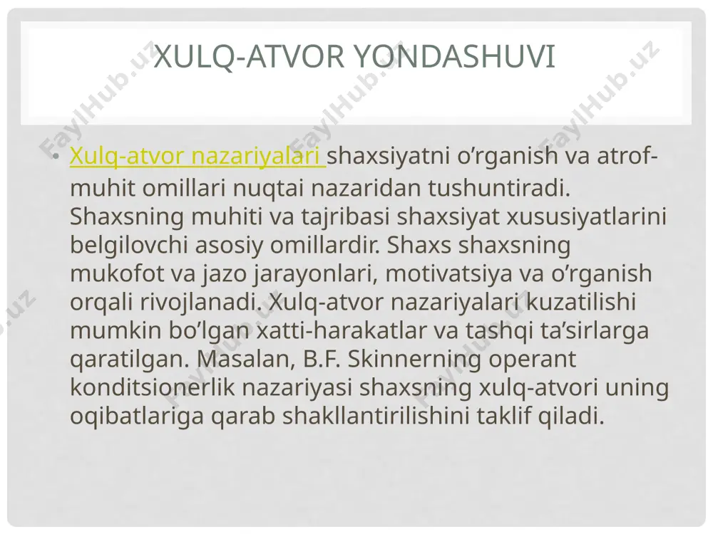 lari yo freydcha yondashuvni kengaytirishga yoki uni qayta ko’rib chiqishga harakat qilishdi. freyd uning qarashlarini ma’qullaydigan ko’plab intellektuallarni o’ziga jalb qilgan va ruhlantirgan edi. ularning ba’zilari psixoanalizga nazariy tizim sifatida sodiq qolishdi, unga shunchaki sayqal berib, zamonaviylikka yaqinlashtirishdi. boshqalari esa butunlay o’zgacha yo’nalishdan ketishdi, o’zlarining shaxsiy, aksariyat antagonistik pozisiyalariga ega bo’lishdi. ulardan ikkitasi – eng mashhur nazariyotchilar alfred adler va karl gustav yung freyd bilan aloqalarini uzib, o’zlarining noyob shaxsiy nazariy tizimlarini yaratishdi. ularning har ikkalasi ham dastavval psixoanalitik harakat ishtirokchilari sifatida freyd nazariyasining ko’lami va yangiligini qizg’in qo’llab-quvvatlashgan biroq vaqt o’tishi bilan ular freydnisg seksuallilik va agressiyaga inson hayotining markaziy mazmuni sifatida haddan tashqari katta ahamiyat berayetganligi bilan kelisholmasliklarini bildirishdi. freyd bilan psixoanalizning boshqa nazariyotchilari o’rtasida ham ko’plab fikrlarda kelishmovchiliklar mavjud edi va ular ham o’zaro ziddiyatli maktablar yaratishda davom etishdi. biroq adler va yungni hisobga olmaganda, ularning birontasi ham inson xulqining asosiy qirralarini qamrab olish ko’lami jihatidan freyd …