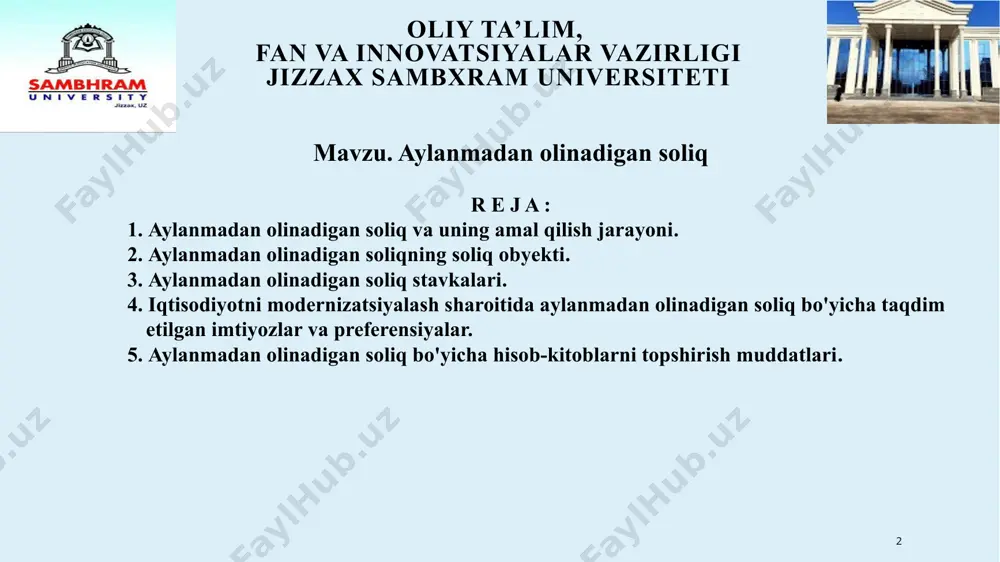 olib kirishni (importni) amalga oshiruvchi yuridik shaxslar va yakka tartibdagi tadbirkorlarga; 2 aksiz solig'i to'lanadigan tovarlarni (xizrnatlarni) ishlab chiqaruvchi va foydali qazilmalami kavlab olishni amalga oshiruvchi yuridik shaxslarga; 3 yuridik shaxslar — qishloq xo'jaligi tovar ishlab chiqaruvchilariga, basharti ularda ellik gektar va undan ortiq sug'oriladigan qishloq xo'jaligi ekin maydoni mavjud bo'lsa; 4 benzin, dizel yoqilg'isi va gazni realizatsiya qilishni amalga oshiruvchi yuridik shaxslarga; 5 oliy ta’lim, fan va innovatsiyalar vazirligi jizzax sambxram universiteti 1. aylanmadan olinadigan soliq va uning amal qilish jarayoni. aylanmadan olinadigan soliq quyidagilarga nisbatan tatbiq etilmaydi 5 lotoreyalarni tashkil etish bo'yicha faoliyatni amalga oshiruvchi yuridik shaxslarga; 6 oddiy shirkat ishlarini yuritish o'z zimmasiga yuklatilgan ishonchli shaxsga — oddiy shirkat shartnomasi doirasida amalga oshirilayotgan faoliyat bo'yicha; 7 markazlashtirilgan moliyalashtirish manbalari hisobidan obyektlami (joriy va kapital ta'mirlash bundan mustasno) qurishni bajaruvchi yuridik shaxslarga. 6 oliy ta’lim, fan va innovatsiyalar vazirligi jizzax sambxram universiteti 1. aylanmadan olinadigan soliq va uning …