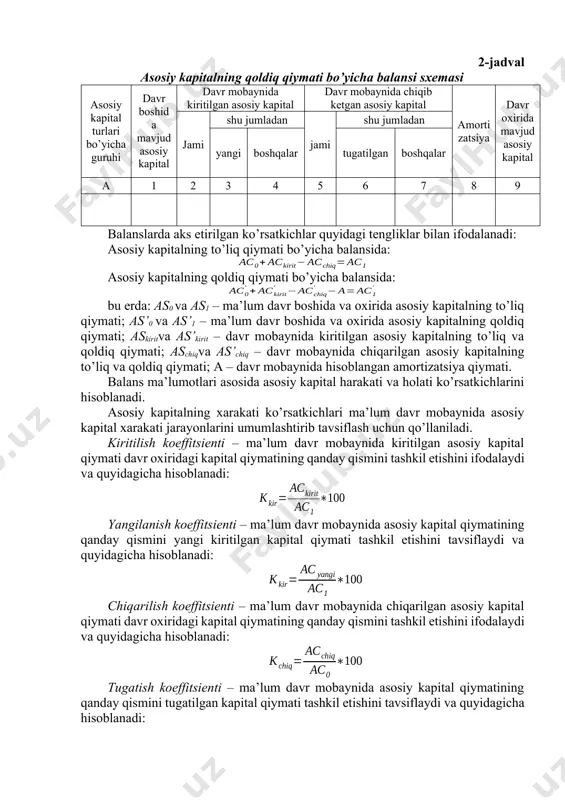 avridagi qiymati. davr oxiridagi asosiy kapitalning qoldiq qiymati=davr boshidagi qoldiq qiymati+davr ichida qilingan yalpi kapital qo’yilmalarning summasi – davr ichida hisoblangan amortizatsiya ajratmalari. ko’rinib turibdiki, bu hisoblashlarda asosiy kapitalning qoldiq qiymati deflyatlashtirilgan (joriy baholardagi qiymatni bazis baholarida baholash) qiymat olindi. indeks –deflyator ip ni hisoblashda: a) jihozlar bo’yicha guruhli indeksni hisoblash uchun 500 ga yaqin mashinalar olinadi (ular 38 kichik va 9 guruhga birlashtiriladi). b) qurilish – montaj ishlari bo’yicha yig’ma indeksni hisoblash birmuncha murakkabdir. hozirgi kunda aqsh da qurilishning muhim turlari bo’yicha 22 ta mustaqil guruhli yig’ma indekslar hisoblanadi. 24.2. asosiy fondlarning balanslari, ularning holati va takror ishlab chiqarish ko`rsatkichlari asosiy kapital balansi. asosiy kapital balansi uning yil davomidagi dinamikasini aks ettiradi. balanslar asosiy kapitalning to’liq qiymati va qoldiq qiymatlari bo’yicha tuziladi. asosiy kapitalning to’liq qiymati bo’yicha balansini tuzishda korxona va tashkilotlarning buxgalteriya va statistik hisobotlari, tanlama kuzatish ma’lumotlari asosiy axborot bazasi bo’lib xizmat qiladi. bunda asosiy kapital to’liq …