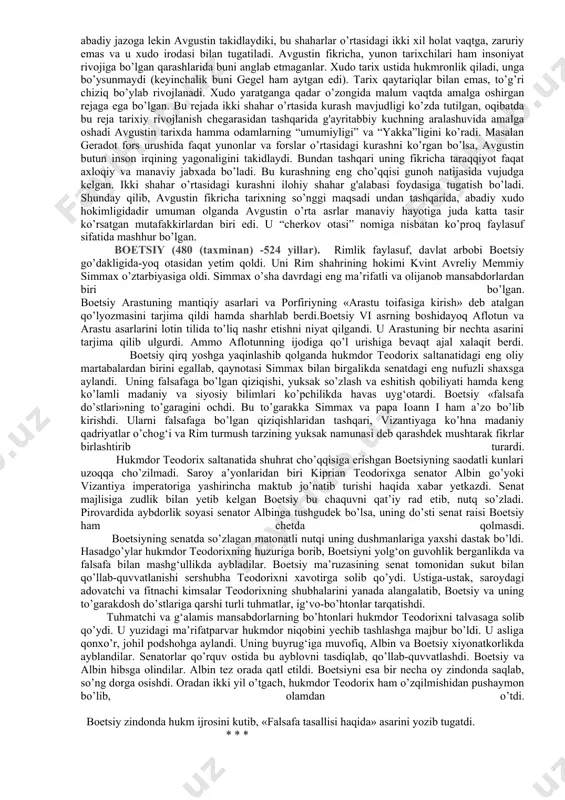 to’rgan edi. patristika davrida xristian ilohiyotini tartiblashga xarakat qilgan cherkov otalari tomonidan ikki sobor ilkiy (325 – yil) va xalkidan (451- yil) oralig'ida birinchi muxim asarlar yozildi. sharqda ulardan biri ioan zlotust (347-407) dir. g'arbda esa cherkovning eng yirik otasi avreliy avgustin bo’lib, muqaddas (blajenniy) deb nom olgan edi (354–430). avgustin va uning talimotida xristian dining tasiri. avgustin shimoliy afrikada joylashgan numidiya viloyatining tagosta shahrida rimlik amaldor oilasida tug'ilgan. otasi majusiy bo’lib, onasi xristianlikni qabul qilgan. u lotin tilini puxta egallaydi. avgustin adabiy merosini 100 ga yaqin kitob, 500 vaznasixat 200 noma tashkil qiladi. uning tarkibidan “akademiklarga qarshi” (386), “baxtli hayot xaqida” (386), “tartib haqida” (386) “monologlar” (387) “ jon manguligi haqida” (387-389) “o’qituvchi haqida” (388-389), “to’g’ri din haqida” (390), “erkin iroda haqida”(388-395), “tavba” (401), “tazarru” “ilohiy shahar haqida” (413-426) kabi asarlar joy olgan. avgustin xristian iloxiyotchilaridan biri sifatida g'arbiy yevropa o’rta asr manaviy – diniy hayotiga katta tasir ko’rsatdi. …
