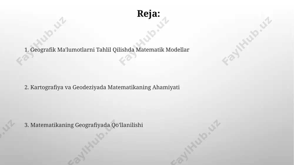 afik proeksiyalar yer sharining ikki o'lchovli sirtga tasvirlanishida matematik formulalar, masalan, mercator proeksiyasi (1569) yordamida 30° va 60° parallelari orasidagi masofani hisoblashda qo'llaniladi. matematikaning geografiyada qo'llanilishi geografik koordinatalarni aniqlashda, masalan, toshkentning 41.3° shim. kenglik va 69.2° sharq. uzunlikdagi joylashuvi kabi, matematik formulalar va trigonometrik funksiyalar muhim rol o'ynaydi. yer yuzasining 510 million km² maydonini hisoblash va turli mamlakatlarning nisbiy o'lchamlarini solishtirishda geometriya va integral hisob-kitoblar qo'llaniladi. e'tiboringiz uchun rahmat @taqdimot_robot image3.png image4.jpg image5.jpg image6.jpg image7.jpg image8.jpg image1.png