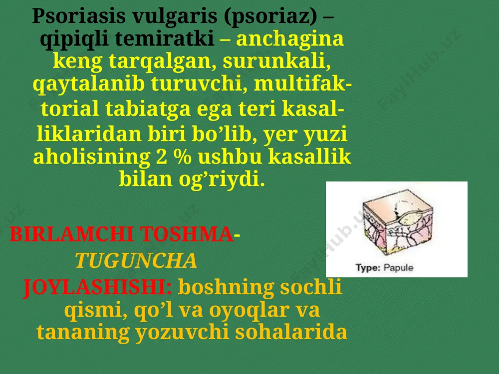 qizil rangli tugunchalr hosil boladi, mavjud tugunchalrning atrofiga o’sishi, markaziy qismlaridagina kepaklaanish kuzatilishi, tugunchalr atrofida – “ o’sish halqasi “ bo’lishi. psoriaz uchligi belgilari: stearin dog’ terminal yoki psoriatik parda qon shudringi fenomenlari !!! kebner fenomeni- tashqi tasirotlarga javoban yangi toshmalarning vujudga kelishi xosdir psoriatik triada stearin dog’ terminal parda qon shudringi psoriazda diagnostik uchlikni aniqlash qirish buyum oynachasi yoki skalpelning o’tmas tomoni bilan amalga oshiriladi: qirganda elementlar qipiqlanishi oshadi va tangachalar tirnalgan stearin tomchisni eslatadi. ( stearin dog’ fenomeni) epidermisni donador qatlamgacha qirganda tangachalar tushib qoladi va pushti nam ko’rinishga ega bo’aldi. (terminal pparda fenomeni) qirishni davom ettirilsa ( so’rg’ichsimon qavatgacha ) plyonka yuzida qonli nuqtalar ( mayda tomchialari ) paydo bo’ladi. ( qonli shudring yoki auspitz fenomeni) kyobner fenomeni psoriaz bilan og’rigan bemorlarni terisida mexanik, kimyoviy (tirnash, pichoq yoki o’tkir buyumlar bilan terini kesib olish, nurlanish, ishqalanish, kuish ) omillar tufayli toshmalar toshishi _ izomorf reaksiya yokiyoki kyobner …