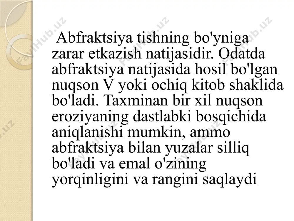 elgan eroziya. tishning okklyuzion qismida surilish va ishqalanish, abfraktsiya esa tishning bo'yin qismida, eroziya esa tishning ichki yoki tashqi qismida sodir bo'ladi. agar siz ushbu turdagi aşınmalardan aziyat cheksangiz, vaqt o'tishi bilan siz boshqa shakllarni olishingiz mumkin. tish emaliga ta'sir qilgandan so'ng, tish yanada sezgir bo'lib, abraziya va yirtiqqa duchor bo'ladi. image2.png image3.png /docprops/thumbnail.jpeg