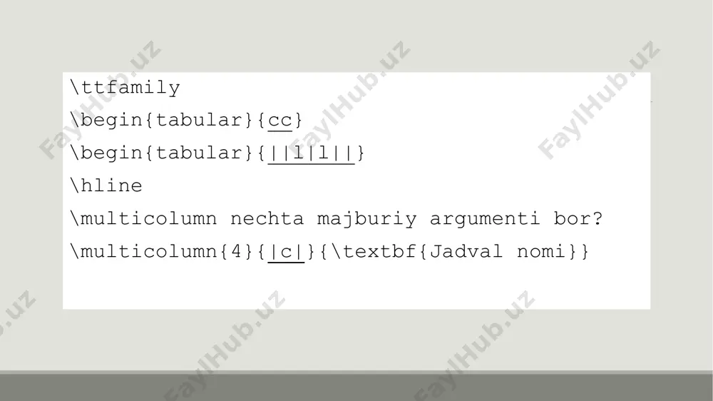 talab qiladi, ya'ni \usepackage{float}. ba'zi maxsus holatlarda latex ushbu joylashishni aniqlash parametrlariga amal qilmaydi va qo'shimcha buyruqlar talab qilinadi, masalan, agar siz bir xil sahifada alohida joylashgan float uchun markazlashtirilmagan tekislashni belgilashingiz kerak bo'lsa. hujjat boshiga raqamlar roʻyxatini qoʻshish uchun \listoffigures dan foydalaniladi. sarlavhada ishlatilgan sarlavhani figuredan misolga oʻzgartirish uchun rasm mazmunida \renewcommand{\figurename}{misol} dan foydalaniladi ramkalar bilan chizmalar barcha chizmalar atrofida nozik ramka yasashingiz mumkin. hujjatning boshida bir marta quyidagilarni yozishingiz kerak: chegarada hech qanday imzo bo'lmaydi. \usepackage{float} \floatstyle{boxed} \restylefloat{figure} jadvallar jadvallarni yaratish uchun foydalanilgan table muhiti standart bo'yicha suzmaydi. shunday qilib, siz ko'chirmoqchi bo'lgan jadvallar uchun table muhiti tarkibida tabular muhitini oching, masalan: hujjat boshiga jadvallar roʻyxatini qoʻshish uchun \listoftables dan foydalaning. \begin{table} \begin{tabular}{...} ... table data ... \end{tabular} \end{table} floatlarni o'z joylarida saqlash placeins paketi \floatbarrier buyrug'ini taqdim etadi, undan floatlarning sahifa bo'ylab harakatlanishini oldini olish uchun foydalanish mumkin. bu, masalan, har bir \section ning boshida foydali bo'lishi …