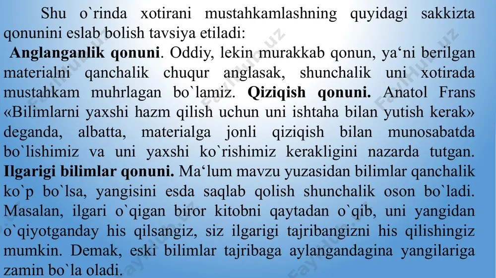 oki bir qancha narsa va hodisalarning obrazlari o'rtasida miyada hosil bo'ladigan bog'lanish assosiativ bog'lanish yoki assosiasiya deyiladi. masalan, birorta ashulani eshitib turib, ayni zamonda shu ashulani aytayotgan odamning o'zini ham ko'rsak, shu ashulani idrok qilish o'rtasida yondosh assosiasiya hosil bo'ladi. assosiasiyaning yondoshlik assosiasiyasidan tashqari o'xshashlik, qarama-qarshilik turlari ham mavjud. ma'nosiga tushunib yoki mantiqan esda olib qolish jarayonida asosiy o'rinda fikrlash jarayonlari turadi. esda qoldirilayotgan materialning ayrim qismlari va elementlari o'rtasidagi ma'no va mantiqiy bog'lanishlarni fikr yuritish yo'li bilan ochiladi. ma'no bog'lanishlarni ochish birorta narsaning obrazini oddiy esda olib qolish emas, balki narsa va xodisalarga xos bo'lgan eng muhim va zaruriy bog'lanishlarni ochish demakdir, bir guruh doirasiga kirgan narsa va hodisalarning umumiy va muhim belgilari, ular o'rtasidagi sabab va natija bog'lanishlarini aniqlash demakdir. harakat xotirasi-turli xildagi ish harakatlari va ularning sistemasini esda olib qolish, esda saqlash va yana qayta esga tushirishdan iboratdir. emosional xotira-his-tuyg'uga xos xotiradir. his-tuyg'ular hamisha bizga ehtiyojlarimiz va …