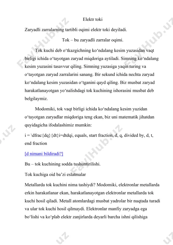 li va boʻylab soʻzlari koʻp narsani hal qiladi. tok qarshilik orqali oqmoqda; tok sim boʻylab oqmoqda. agar siz “tok ichida...” degan gʻalati gapni eshitsangiz, bilingki, bu absurd tushunchadir. kuchlanish kuchlanish tushunchasini bilishimiz uchun oldin quyidagi oʻxshashlikka qaraylik: kuchlanish ogʻirlik kuchini eslatadi mmm massali jism uchun hhh balandlikning oʻzgarishi potensial energiyaning oʻzgarishiga olib keladi, \delta u = mg\delta hδu=mgδhdelta, u, equals, m, g, delta, h. qqq zaryadga ega zarra uchun vvv kuchlanish potensial energiyaning oʻzgarishiga olib keladi, \delta u = qvδu=qvdelta, u, equals, q, v. elektr zanjirdagi kuchlanish g\cdot \delta hg⋅δhg, dot, delta, h koʻpaytmaga oʻxshaydi. bu yerda ggg – erkin tushish tezlanishi, \delta hδhdelta, h esa balandlikning oʻzgarishidir. qirning tepasida turgan toʻp pastga qarab harakatlanmoqda. yoʻlning yarmida u potensial energiyasining yarmini sarflagan boʻladi. kuchlanish “tepaligi”ning yuqorisidagi elektron simlar va zanjir elementlari orqali pastga “harakatlanadi”. u yoʻl boʻylab ish bajarib, potensial energiyasini yoʻqotib boradi. elektron tepalikning oʻrtasiga kelganda potensial energiyasining yarmini …