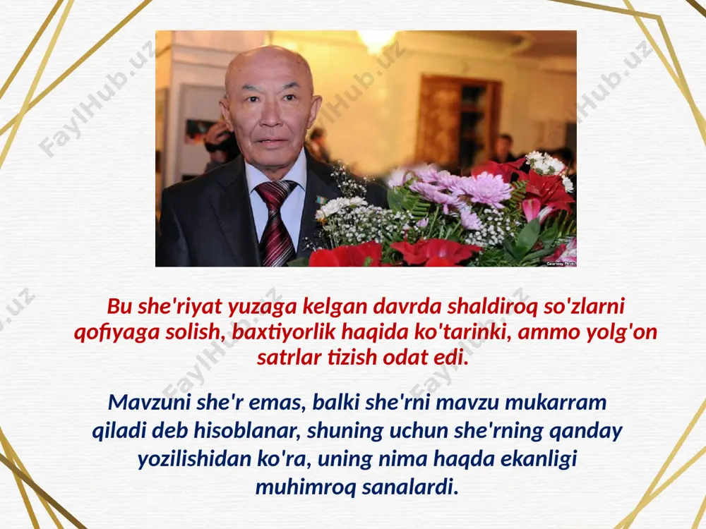 iyotshunoslikka lirik qahramon tushunchasi 1921-yilda rus olimi y. n. tinyanov tomonidan kiritilgan. shoir shaxsi qanchalik yirik, serqirra, uning tuyg'ulari qanchalar samimiy bo'lsa, lirik qahramon tasviri ham shunchalik jonli va serjilo chiqadi. shuning uchun ham abdulla oripov she’rlarining lirik qahramoni kishi ko’nglini butunlay zabt etadi, tuyg’ulari samimiy va chinligiga o’quvchini to’la ishontiradi. eslash otam bilan birga otga mingashib, kitob dovonidan oshgandik bir vaqt. qarab bo’lmas edi pastga engashib, bir qadam narida jarlik– halokat. qanday o’tgan edik u yo’ldan omon? eslasam, entikib ketaman hamon. tun edi, shahardan qishloqqa qarab, katta akam bilan tushardik qirdan. to’rtta bo’ri bizni olgandi o’rab, ufqda to’rt otliq ko’rindi birdan. biz ular tufayli qolgandik omon, eslasam, entikib ketaman hamon. kezdim, yer yuzini sayohat qildim, ortga qaytar bo’ldim kemada bir kun. dengiz nimaligin o’shanda bildim, baloyi azimday quturdi to’lqin. kemamiz to’fondan chiqdi-ku omon, eslasam, entikib ketaman hamon. abdulla oripov she’ri image2.jpeg image3.jpeg image4.jpeg image5.jpeg image6.jpeg image7.jpeg image8.jpeg image9.jpeg image10.jpeg …