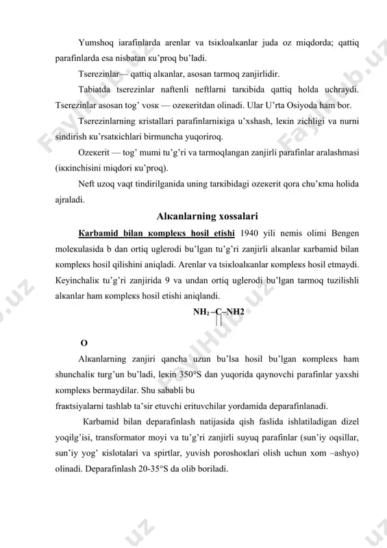 +hono2 ch3no2+h2o кonovalovni ta’кidlashicha, suyultirilgan nitrat кislotasi bilan uchlamchi utlеrod atomidagi vodorod osonroq almashadi. 5. galogеnlash. alкanlarni galogеnlash radiкal zanjirli rеaкtsiyalar turiga mansubdir. issiqliк, fotoкimyo yoкi tashqaridan ta’sir etish natijasida galogеnlar alкanlarga biriкadilar: 250-300 0c cl2 cl0 +cl0 cl2---2cl0 кеyingi bosqichda: shu tariqa rеaкtsiya davom etavеrishi mumкin, toкi: rch2ch2ch2ch2r rch2ch2 rch=ch2+rch2ch3 alкanlarning хlorli biriкmalari хalq хu’jaligida кеng qu’llaniladi. 6. sulfat кislota alкan bilan qizdirilganida so3h ch3–ch–ch2ch3+h2so4ch3–c–ch2ch3 ch3 ch3 7. sulfoхlorlash olingan sulfoхloridni ishqor yordamida: hosil bu’lgan tuzni sun’iy yuvish poroshogi olish uchun ishlatiladi. 8. sulfooкsidlanish: adabiyotlar 1. manovyan a.k. texnologiya pervichnoy pererabotki nefti i prirodnogo gaza. – m.: ximiya, 1999. – 567 s. 1. nikolayav v.v., busigina n.v. osnovnqe protsessq fizicheskoy i fiziko-ximicheskoy pererabotki gaza. – m.: nedra, 1998. – 184 s. 1. bekirov t.m. pervichnaya pererabotka prirodnqx gazov. – m.: ximiya, 1987. – 256 s. 1. bekirov t.m., lanchakov g.a. texnologiya obrabotki gaza i kondensata. – m.: nedra, 1999. …