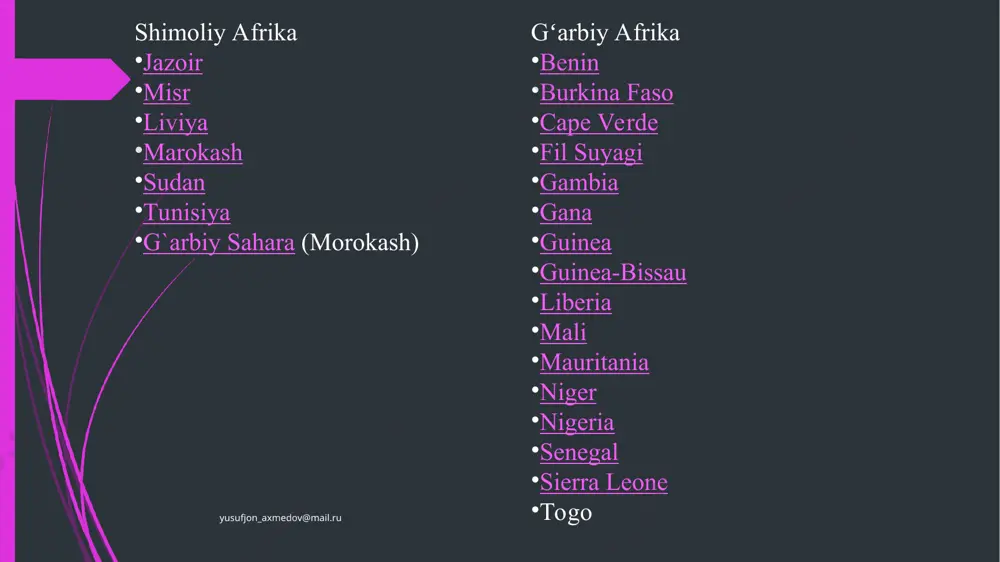 oy, mezozoy va uchlamchi hamda toʻrtlamchi davr jinslari qoplab yotadi. qadimgi kristall jinsli zamin markaziy sahroi kabir, syerra-leone, sharqiy sudan balandliklarida (anteklizalar), kongo botigʻi atroflarida va ayniqsa, sharqiy hamda jan. afrikada yer yuzasiga chiqib yotadi. platformaning shim. qismida (sahroi kabir, sudan) zamin juda chuqur joylashgan (sahroi kabir — arabiston platosi), jan. qismida keng maydonlarda esa yer yuzasiga chiqib qolgan (jan. afrika qalqoni). jan. va shim.-gʻarbda kembriydan oldingi platformaga zamini burmalangan plat-forma tuzilmalarining ayrim qismilari kelib qoʻshilgan. bu tuzilmalar kap togʻlarida va atlas togʻlarining ichki rayonlarida yer yuzasiga chiqib qolgan. alp burmalanishi davrida afrikada atlas togʻlarining shim. sohil boʻyi tizmalarigina koʻtarilgan. kristall jinslardan iborat qadimgi peneplenlarning keng tarqalishi va choʻkindi jins qoplamalarining kam burmalanganli-gi natijasida materik relyefi yassidir. afrikada plato va togʻliklar koʻp. ularni tektonik yoriqlar boʻlib-boʻlib yuborgan. qirlar hamda platolar ustida qoldiq choʻqqilar va vulkan togʻlari koʻtarilib turadi. afrikaning eng baland nuqtasi — kilimanjaro togʻidagi kibo choʻqqisi (5895 m). afrika …