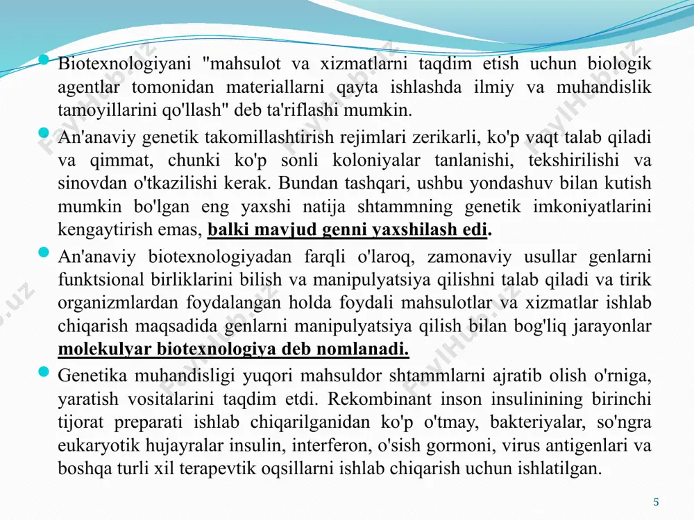 llanishi trnk ning antikodoni mrnk ga mos kelishi ikkinchi trnk kelishi bilan a saytdagi trnk peptidil (p) saytga o’tishi va o’zidagi amino kislotani a saytdagi aminokilotaga qo’shishi lozim va yana o’zi chiqish sayti orqali chiqib ketishi lozim terminatsiyalovchi davir: terminator tripletlar yordamida oqsil biosintezini to’xtatish eukariotlarning mrnk si monogenli prokariotlarniki poligenli bo’ladi 18 sintetik biology yutuqlaridan biri 2010 yili suniy kimyoviy sintez qilingan genomli bakteriya mycoplasma laboratorium yaratildi image2.jpg image3.jpg image4.jpg image5.png image6.emf image7.png image8.png image9.jpeg image10.png image11.png image12.png image13.wmf image14.png image15.emf oleobject1.bin image16.png image17.png image18.png image19.jpeg image20.jpg o o c h 2 n n h n n o o h o p o h o n h 2 г у а н о з и н - 3 ' , 5 ' - ц и к л о ф о с ф а т /docprops/thumbnail.jpeg