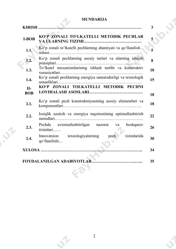 h imkonini beradi, bu esa energiyaning maqsadli sarflanishi va ekologik ta’sirning kamaytirilishiga olib keladi. iqlim o‘zgarishi va energiya resurslarining cheklanganligi sharoitida energiya tejovchi metodlarni rivojlantirish dolzarb ahamiyat kasb etmoqda. kurs ishining maqsadi: ko‘p zonali tolkatelli metodik pechlarni loyihalashning zamonaviy usullarini o‘rganish, ularning energiya samaradorligini oshirish, harorat boshqaruv tizimlarini takomillashtirish va mahsulot sifatini yaxshilash uchun innovatsion yondoshuvlarni ishlab chiqishdan iborat. kurs ishining vazifalari: ko‘p zonali tolkatelli metodik pechlarning tuzilishi va ishlash prinsiplarini o‘rganish. isitish zonalarining optimal joylashuvi va harorat nazorati tizimlarini tahlil qilish. energiya tejamkorlikni ta’minlash uchun konstruktsiya va material tanlovini asoslash. pechning har bir zonasida energiya taqsimotini hisoblash va optimallashtirish. innovatsion boshqaruv texnologiyalarini ishlab chiqish va ularni amaliyotga joriy etish imkoniyatlarini aniqlash. kurs ishining obyekti: ko‘p zonali tolkatelli metodik pechlarning konstruktsiyasi, harorat taqsimoti va energiya boshqaruv jarayonlari. ushbu obyekt metall va qotishmalarni termik ishlov berish jarayonlarida samarali va tejamkor energiya boshqaruvini ta’minlaydi. kurs ishining predmeti: ko‘p zonali tolkatelli pechlarning loyihalashida …