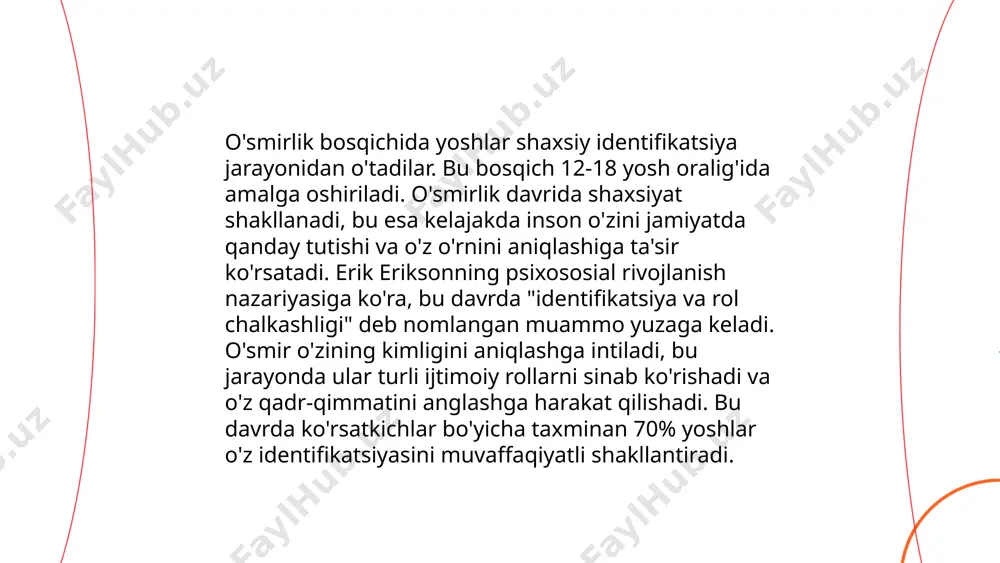 hgacha bo'lgan davrda o'zini anglash jarayoni eng sezilarli darajada rivojlanadi. bu bosqichda mustahkam shaxsiy qadr-qimmatni shakllantirish kelajakdagi muvaffaqiyatlar uchun zamin yaratadi. ... t.me/slaydai_bot o'smirlar va ota-ona munosabatlari mavzusida ota-onalar va o'smirlar o'rtasidagi aloqa va hissiy yaqinlik juda muhim. tadqiqotlar shuni ko'rsatadiki, o'smir yoshdagi bolalarning 60% ga yaqini ota-onalari bilan ochiq muloqot qilishni istashadi. o'smirlik davrida ota-onalar bilan mustahkam aloqalar o'smirning ruhiy salomatligida 30% yaxshilanishga olib kelishi mumkin. shuningdek, o'smirlarning 70% i ota-onalarining qo'llab-quvvatlashi va tinglashi ularning o'ziga bo'lgan ishonchini oshirishini aytishadi. shu sababli, muntazam va ijobiy muloqot o'smirlar va ota-onalar o'rtasidagi sog'lom munosabatlar uchun zarurdir. ... t.me/slaydai_bot 10. o'smirlik davridagi do'stlik va ijtimoiy aloqa o'smirlik davridagi do'stlik va ijtimoiy aloqa juda muhim. ushbu davrda o'smirlar o'zaro munosabatlar orqali shaxsiy identifikatsiyani shakllantirishadi. tadqiqotlar shuni ko'rsatadiki, o'smirlarda do'stlik insonlararo ko'nikmalar, ishonch va hissiy qo'llab-quvvatlashni rivojlantiradi. 12-18 yosh oralig'ida o'smirlarda do'stlik o'zgaruvchan, ammo intensiv bo'lishi mumkin. bu davrda ijtimoiy aloqalar stress darajasini kamaytirishi …