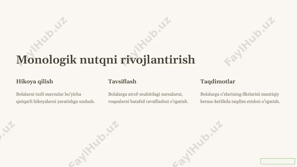 rivojlantirishga yordam beradigan ta'lim dasturlari va ilovalardan foydalanish. interaktiv o'yinlar bolalarning qiziqishini oshirish va ularning nutqini rivojlantirishga yordam beradigan interaktiv o'yinlardan foydalanish. video materiallar bolalar uchun mo'ljallangan ta'lim video materiallari, animatsion filmlar va qo'shiqlardan foydalanish. 7 ota-onalar va tarbiyachilar 1 sabr-toqat bolalarga gapirishga imkon berish, ularning harakatlarini rag'batlantirish. 2 ijobiy muhit bolalarning nutqini rivojlantirishga qaratilgan ijobiy muhit yaratish. 3 muloqot qilish bolalar bilan tez-tez suhbatlashish, hikoya qilish, savol berish. 8 xulosa va tavsiyalar maktabgacha yoshdagi bolalarning manologik va dialogik nutqini rivojlantirish, ularning kelajakdagi muvaffaqiyatiga asos yaratadi. ushbu taqdimotda keltirilgan tavsiyalar bolalarning nutqini rivojlantirishga yordam beradi. 9 e’tiboringiz uchun raxmat image1.png image2.png image3.png image4.png image5.png image6.png image7.png image8.png image9.png image10.png image11.png image12.png image13.png image14.png image15.png image16.png image17.png