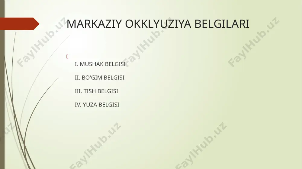 yuzion holatida maksimal harakatlarni rivojlantirishi mumkinligiga asoslanadi. interalveolyar balandlikni aniqlagandan so'ng, ular shablonlarni tishlash roliklari bilan moslashni boshlaydilar va markaziy okklyuzionni aniqlaydilar. jag'larning markaziy nisbatini aniqlash antagonist tishlar bo'lmaganda jag'larning markaziy nisbati chaynash mushaklarining faol qisqarishi bilan olingan pastki jag'ning eng qulay holati bilan tavsiflanadi. funktsional usul shifokor barmoqlarini rolikga qo'yganda tishning funktsional holatini qo'llash (yutish, tilning uchi yuqori mum shablonining orqa chetiga yopishtirilgan mum bolishchasiga teginish) yoki pastki jag'ning refleksli o'g'irlanishi. bu vaqtda bemordan mum bolishchasini tishlash so'raladi, pastki jag' esa refleksli ravishda orqaga siljiydi. shifokor qo'li bilan pastki jag'ga bosim o'tkazishga asoslangan usul instrumental usul bir qator qurilmalar, buning yordamida pastki jag' orqa tomonga siljiydi. markaziy okklyuziyani aniqlash bosqichida, yuqori jag' tishlarining frontal guruhi yo'qligida, mum roliklariga orientirlar qo'llaniladi: yuzning o'rta chizig'i - markaziy kesmalarni joylashtirish uchun qo'llanma; qoziq chizig'i burun qanotining joylashgan joyidan kaninlarning o'qiga mos keladigan okklyuzion rolikga perpendikulyar tushiriladi. ushbu ikkita chiziq tishlarning frontal guruhining …