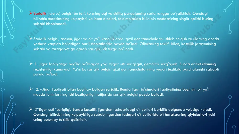 l oksidlanishning ahamiyati bu konyugatsiya toksik moddalarni konyugatsiya jarayonlariga tayyorlashdir. ➢ toksik moddalar zararsizlantirilishining bosqichlari ➢1 sitoxrom p450 ni bir qancha oxshash izoformalari bolib, ular substratlarga monandligi bilan farqlanadilar. bu jarayonlarda reaksiyalarni mikrosomal gidroksilazalar yoki monooksigenazalar katalizlaydi: gepatotsitlarda bu jarayonlar silliq endoplazmatik tor (ept) da roy beradi. jigarning bu faoliyatini organish yaponiya olimlari t. omuza va s. sato (1964) jigardan silliq ept ni ajrib olishga muyassar bolganlaridan song rivojlandi. ➢ silliq ept ning donador ept dan asosiy farqi unda nadfh-sitoxrom p-450-reduktaza fermenti aktivlikka ega bolib, gidroksillash reaksiyalarini amalga oshiradi. mikrosomal sistemasining asosiy gidroksillash sistemasiga sitoxrom p-450 va nadfh-sitoxrom – p-450-reduktaza kiradi. ➢2 mikrosomal oksidlanish mexanizmi ➢ yuqorida keltirilgan reaksiyalarda nadfh2 taminotchisi sifatida: 1) izotsitratdegidrogenaza; 2) glyukoza- 6-fosfat degidrogenaza; 3) 6-fosfatglyukonatdegidrogenaza 4) malik fermentlari hisoblanadi. ➢ sitoxrom p-450 ni katalitik aktivligi 3 xil yol bilan boshqariladi: 1. molekular ichida ozgarishlar qilib sitoxrom p- 450 ni substrat spetsifikligini o’zgartirish bilan. 2. molekulalararo …