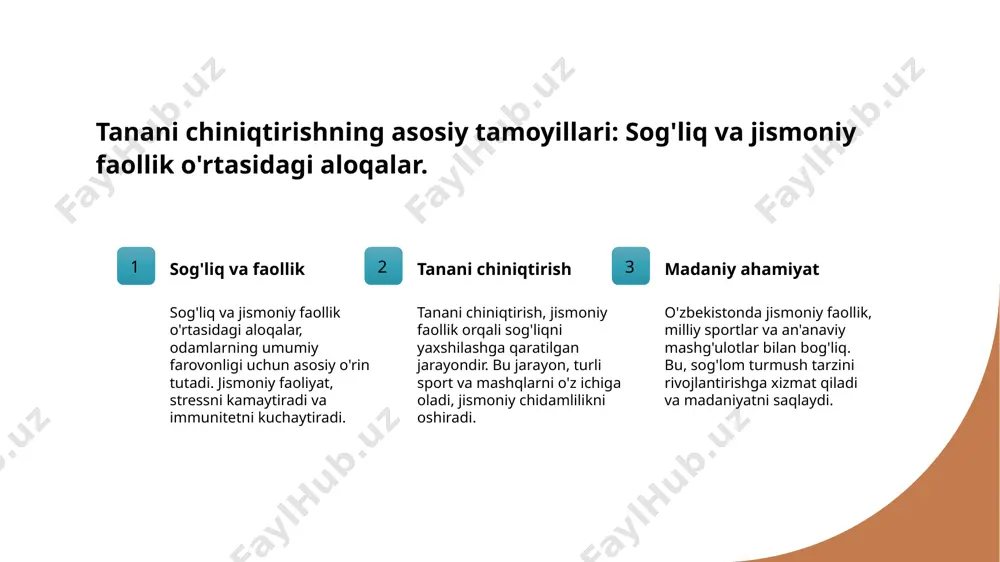 siali aniq o'rganiladi, bu esa muvaffaqiyatga olib keladi. 4 o'zbekiston tajribalari - o'zbekistonda sportshunoslik metodlari milliy sport turlariga mos ravishda qo'llanilib, sog'liqni yaxshilash va jismoniy faollikni oshirishda muhim rol o'ynaydi. o'zbekistondagi an'anaviy jismoniy faoliyatlar va ularning sog'liq uchun foydasi. kurash va foydasi kurash, o'zbekistonda mashhur an'anaviy sport bo'lib, jismoniy tarbiya, kuch va chidamlilikni oshiradi, sog'liqni mustahkamlashda muhim rol o'ynaydi. beshik to'pi beshik to'pi, o'zbeklarning an'anaviy o'yinidir. bu o'yin mushaklar kuchini oshirib, jismoniy faollikni rag'batlantiradi, ijtimoiy aloqalarni mustahkamlaydi. o'yinlar va raqslar an'anaviy o'yinlar va raqslar, masalan, "lazgi", jismoniy faollikni oshiradi. ular nafaqat sog'liq uchun, balki madaniy merosni saqlashda ham ahamiyatlidir. milliy sport turlari va ularning tanani chiniqtirishdagi roli. milliy sportlar o'zbekistonda milliy sport turlari, masalan, kurash va qilichbozlik, jismoniy faollikni oshirish va sog'likni yaxshilashda muhim rol o'ynaydi. tanani chiniqtirish milliy sportlar tanani chiniqtirishda kuch, chidamlilik va muvozanatni rivojlantiradi, bu esa sportchilar uchun muhim ahamiyatga ega. madaniy meros o'zbek milliy sportlari, milliy …