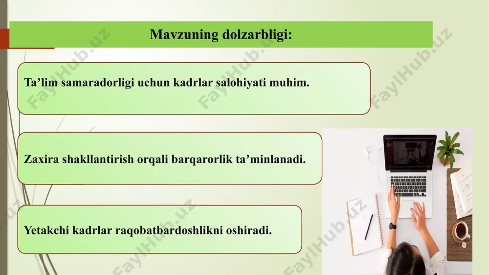 hlili 2. xolbo‘tayev, z. asar nomi: ta’lim muassasalarida rahbarlik faoliyati va zamonaviy boshqaruv yondashuvlari nashr: toshkent: fan va texnologiya, 2020. mazmuni: kitobda maktab direktorlarining boshqaruvdagi roli, ular uchun zaxira kadrlar tayyorlash zarurati haqida fikr yuritiladi. sinf rahbarlarini yetakchi pedagog sifatida tayyorlashda mentorlik, pedagogik monitoring, ijtimoiy-psixologik tayyorgarlik yo‘nalishlari asos qilib olinadi. 6. oecd asar nomi: school leadership for learning nashr: london: sage publications, 2014. mazmuni: oecd tomonidan tayyorlangan bu hisobotda samarali maktab rahbarlari zaxirasini shakllantirish uchun maxsus siyosat va strategiyalar berilgan. zaxiradagi nomzodlar uchun kompetensiyalar modeli, uzluksiz kasbiy rivojlanish kurslari va real sharoitda kuzatish asosida tanlov kiritilgan. 4. fullan, m. asar nomi: the principal: three keys to maximizing impact nashr: san francisco: jossey-bass, 2014. mazmuni: ushbu kitobda maktab rahbarlarining ta’sir doirasi qanday kengaytirilishi mumkinligi yoritiladi. fullanning fikriga ko‘ra, kuchli maktab rahbarlari zaxirasini shakllantirish uchun rahbarlik salohiyati quyidagi 3 asosiy yo‘nalishda baholanadi: maktab muhitini o‘zgartirish, ta’lim jarayoniga chuqur aralashuv va rivojlanishga yo‘naltirilgan …