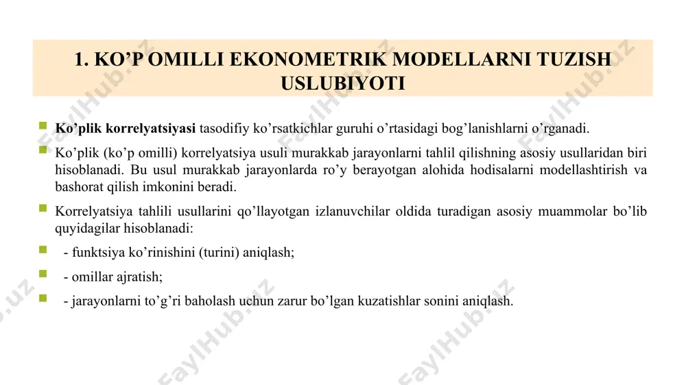 ga ega bo’lmay qoladi. 5 y  f x,z,v funktsiya ko’rinishidagi bog’lanishni o’rganishda juft korrelyatsiya koeffitsenti matritsasi: 6 misol. faraz qilaylik oilalar to’plamida oziq-ovqat mahsulotlariga harajatlarning bog’liqligi quydagi tenglama bilan tavsiflansin: bu yerda: y - oilalarning oziq-ovqat mahsulotlari uchun bir oylik harajatlari, ming so’m; - oilaning bitta a’zosiga to’g’ri keladigan oylik daromadi; - oila a’zolarining soni, kishi. ushbu tenglamaning tahlili quydagicha natija qilishga imkon beradi: oilaning bitta a’zosiga daromad 1 ming so’mga oshsa, oila a’zolarining soni o’zgarmagan holda oziq-ovqatga harajat o’rtacha 350 so’mga ortadi. boshqacha aytganda, oilaning qo’shimcha daromadidan 35 foizi oziq-ovqatga sarflanadi. daromad o’zgarmaganda oila a’zolarning sonini ko’payishi oziq-ovqatga harajatni qo’shimcha 730 so’mga o’sishiga olib keladi. 7 faraz qilaylik, go’shtga bo’lgan talabni o’rganishda quydagi tenglama olingan bo’lsin: bu erda: y - talab qilinadigan go’sht miqdori; -narx; - daromad. mos ravishda, regressiya tenglamasi daromad o’zgarmaganda narxning 1 foizga o’sishi, talabning 2,63 foizga kamayishiga sabab bo’ladi. daromadni 1 foizga ko’payishi esa …