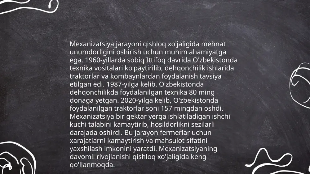 balarga xizmat ko'rsatish mumkin. yana bir misol, telemeditsina xizmatlari orqali masofaviy tibbiy maslahatlar tezlik bilan o'sib, uzoq joylarda yashovchi aholiga sog'liqni saqlash xizmatlarini osonlashtirmoqda. bu texnologiyalar kelajakni shakllantirishda asosiy vositalar bo'ladi. ... t.me/slaydai_bot 2023-yilda oʻzbekistonda sanoat korxonalari soni 10% ga koʻpaydi, natijada 500 dan ortiq yangi korxona ochildi. 2022-yilda sanoat ishlab chiqarish hajmi 15% ga oshib, 75 trillion soʻmni tashkil etdi. energiya isteʼmoli yil davomida 8% koʻpaydi, shu jumladan, qayta tiklanadigan energiya manbalari 12% ga ortdi. ish oʻrinlari soni 20 mingga koʻpayib, jami 150 mingdan oshdi. zavod va fabrikalar asbob-uskunalarni yangilash uchun 2 milliard aqsh dollari sarmoya kiritdi. eksport hajmi 18% ga ortib, 20 milliard dollarga yetdi. 2023-yilda yana 100 ta yangi loyiha rejalashtirilgan bu esa iqtisodiy oʻsishga ijobiy ta'sir qiladi. ... t.me/slaydai_bot 10. uchunchi sanoat inqilobi uchunchi sanoat inqilobi yoki raqamli inqilob 20-asrning ikkinchi yarmida boshlangan texnologik o‘zgarishlar davridir. bu davrda kompyuterlar, raqamli texnologiyalar va internetning keng qo‘llanilishi o‘sdi. …