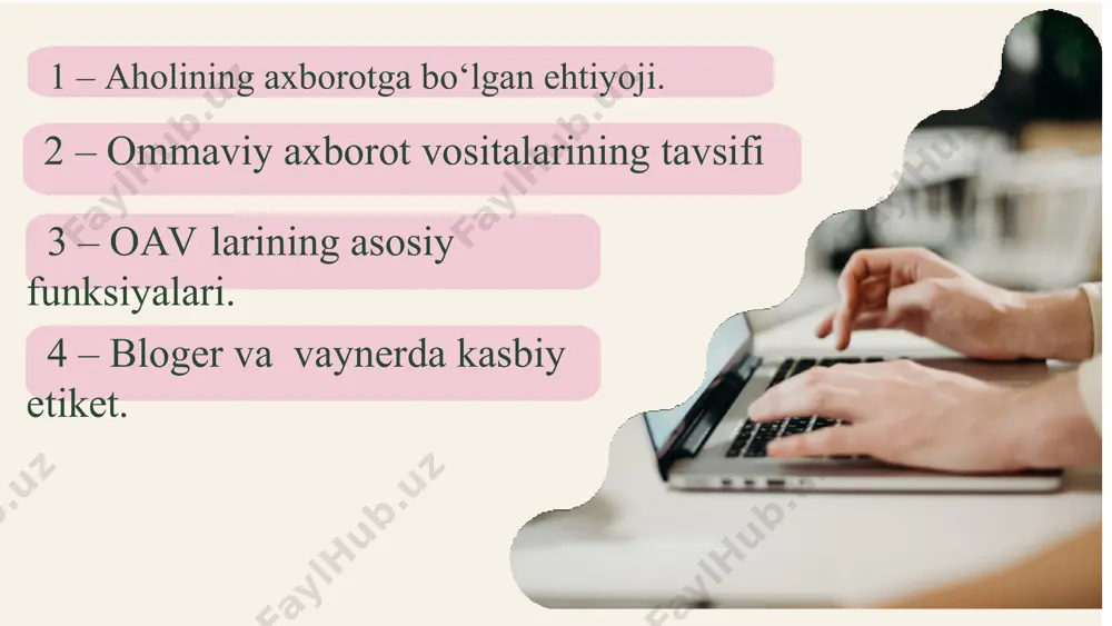 adi, ammo umuman kompaniyalar haqida umumiy ma'lumotlar joylashtiriladi. . televizion reklama televizionda reklama kampaniyasini o'tkazish yuqori xarajatlarga olib kelishi sababli, keraksiz xarajatlarning oldini olish maqsadida barcha maqsadli guruhning batafsil monitoringi amalga oshiriladi internet-reklama yoshidan qat'i nazar, tomoshabinlarning keng qamroviga ega va juda samarali ko'rinadi. ko'pincha, mijozlar yaxshi taklif haqida ma'lumotni tezda etkazish qobiliyatidan foydalanadilar. ko'pincha, bu afzallik o'zini ijtimoiy tarmoqlardagi reklama va bannerlarda namoyon qiladi.. axborot: mohiyati shundaki, maqsadli auditoriyani har xil turdagi voqealar va hodisalar to'g'risida xabardor qilish. baholash va sharh: ekspertlar tomonidan sharhlangan va baholangan faktlar haqida xabar beriladi. kognitiv va tarbiyaviy: maqsadli auditoriya bilimlarini to'ldirish uchun ishlatiladi. manipulyativ: turli xil masalalarda (ko'pincha siyosatda) odamlarning ongi va ongsizligiga ta'siri. ommaviy axborot vositalarining asosiy funksiyalari ommaviy axborot vositalari (ommaviy axborot vositalari) - bu har qanday bosma yoki tarmoq nashrlari, televizion va radiokanallar (yoki alohida dasturlar) yoki alohida televizion va radio va video dasturlar, shuningdek, keng qamrovli o'quvchilar / tomoshabinlar …