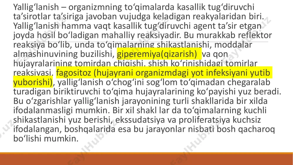 ning tomirlardan to‘qimaga chiqishi kapillyarlar va mayda venalar orqali ro‘y beradi. qon o‘zanining kengayishi va qon oqimining sekinlashishi leykositlarning tomirlar devori orqali chiqishiga imkon beradi. qon tez oqqanda, uning shaklli elementlari tomir markazida plazma qatlami bilan o‘ralgan holda harakat qiladi. oqim sekinlashganda leykositlar devor bo‘ylab joylashadi, bu esa ularning tomir devorlari orqali chiqishini yengillashtiradi. chetlab turishdan bir oz vaqt o‘tgach leykositlar tomirlar devori orqali to‘qimaga o‘ta boshlaydi. bunda leykositlar o‘z shaklini o‘z gartiradi va ularda xuddi amyobadagiga o‘xshab tomirlar devorini teshib chiqadigan protaplazmatik o‘siqchalar hosil bo‘ladi proliferatsiya yallig‘lanish o‘chog‘ida hujayralarning ko‘payishi alteratsita va ekssudatsiya bilan deyarli bir vaqtda kuzatiladi. yuqorida aytib o‘tilgandek, hujayralar parchalanganda va moddalar almashinuvi buzilganda hosil bo‘ladigan ba’zi moddalar hujayralarning ko‘payishini rag‘batlantiradi. proliferatsiya hodisasi asosan qon va limfa tomirlari hamda kapillyarlarni qoplab turadigan endoteliy hujayralariga, adventitsial va retikulyar hujayralarga tegishlidir. yallig‘lanish vaqtida bu hujayralar bo‘kib, yumaloq shaklga kiradi va ko‘payadi. bunda ular harakatchan bo‘lib qoladi. to‘qima hujayralaridan …