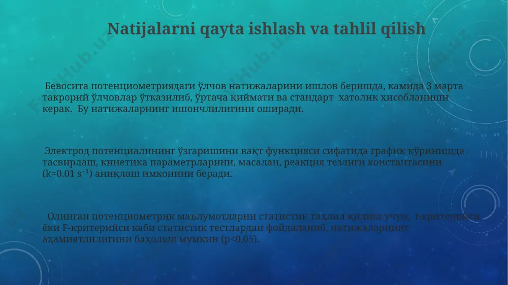 amida eritmadagi ionlarning faolligi bilan bog'liq bo'ladi, aniqlik darajasi ± 0.1 mv gacha yetishi mumkin. bevosita potensimetriya elektrodlarning potentsial farqini to'g'ridan-to'g'ri o'lchash orqali eritmadagi ionlarning konsentratsiyasini aniqlash usuli bo'lib, 10⁻² dan 10⁻⁶ m gacha bo'lgan konsentratsiyalarni aniqlash imkonini beradi. elektr kimyoviy hujayraning tuzilishi hujayraning elektrolit eritmasi ionlarning harakatchanligini ta'minlaydi va uning ion kuchi o'lchov aniqligiga 10-15% gacha ta'sir qilishi mumkin. bevosita potensiametrik o'lchovlar uchun, odatda, 2 ta elektrod ishlatiladi: indikator elektrod (ionlar konsentratsiyasiga sezgir) va taqqoslash elektrodi (potentsiali ma'lum va barqaror). bevosita potensiametrik o'lchovlar uchun, odatda, 2 ta elektrod ishlatiladi: indikator elektrod (ionlar konsentratsiyasiga sezgir) va taqqoslash elektrodi (potentsiali ma'lum va barqaror). o'lchov elektrodining kalibrlanishi elektrodning kalibrlanish xatoligi ±0,02 ph dan oshmasligi kerak, aks holda elektrodni tozalash yoki almashtirish zarur. kalibrlash jarayoni natijalarining aniqligi elektrodning javob vaqtini, odatda, 20-30 soniyani hisobga olgan holda, tekshirilishi lozim. o'lchov elektrodi kalibrlanishida kamida ikkita standart eritma, masalan, ph 4,0 va 7,0 standart bufer eritmalari …