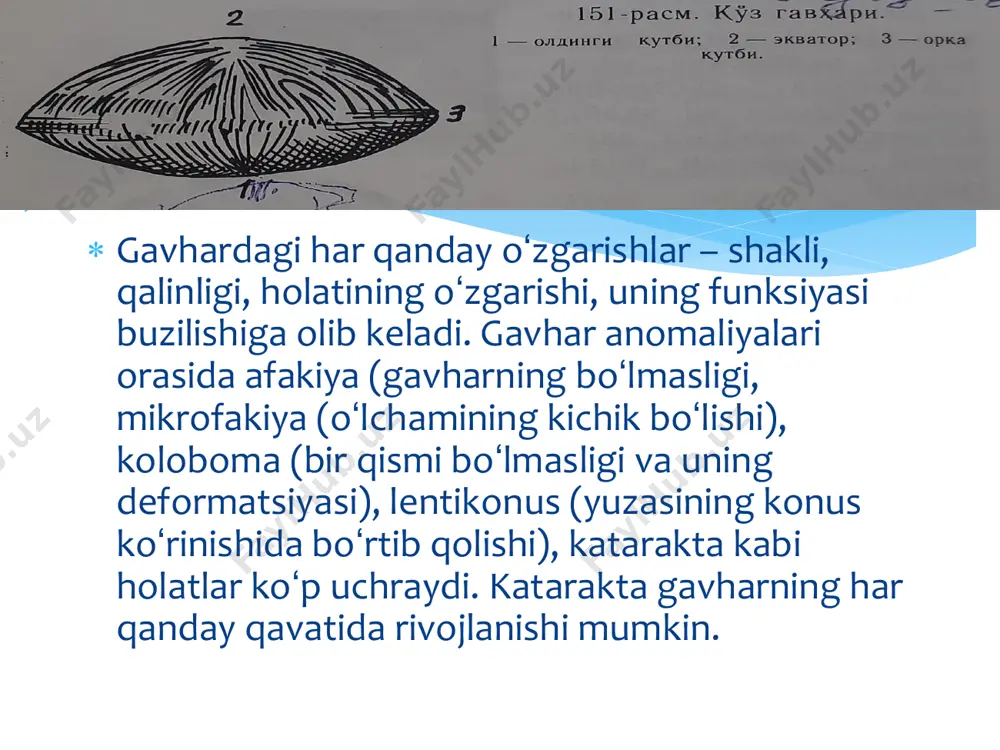 rakta kasalligi oftalmologlar tomonidan aniqlanadi, bunda ular bir qator standart tekshiruvlarni amalga oshirishlar kerak boʻladi.  viziometriya (koʻruv oʻtkirligini tekshirish);  perimetriya (koʻruv maydonini tekshirish);  yorugʻlikni sezish testlari;  tonometriya (koʻz ichi bosimini tekshirish);  biomikroskopiya (tirqishli lampa yordamida koʻz olmasini tekshirish);  oftalmoskopiya (koʻz tubini tekshirish).  yuqoridagi tekshiruvlar yordamida kataraktaga xos boʻlgan quyidagi oʻzgarishlar aniqlanadi: koʻruv oʻtkirligining pasayganligi, yorugʻlikni qabul qilishdagi oʻzgarishlar, qorachiqdagi dogʻ, gavhar dislokatsiyasi va boshqalar. diagnostikasi  kataraktani aniqlashning maxsus usullariga refraktometriya, oftalmometriya, koʻz ut- skanerlash tekshiruv kabilar kiradi.  toʻr parda funksional holati, koʻruv nervi va koʻruv analizatorining markaziy qismi holatini aniqlash uchun elektrofiziologik tekshiruvlardan foydalaniladi (elektrookulografiya (eog), elektroretinografiya (erg). diagnostikasi  katarakta davosi  qarilik kataraktasining boshlangʻich bosqichlarida konservativ davo muolajalari olib boriladi, yaʼni koʻzga tomiziladigan tomchilar koʻrinishida preparatlar buyuriladi (azapentasen, pirenoksin, sitoxrom c, taurin va boshqalar). bu muolajalar katarakta rivojlanishini toʻliq toʻxtatmaydi, shunchaki jarayonni sekinlashtiradi.  bunday muolajalarning asosida yetishmayotgan moddalar …