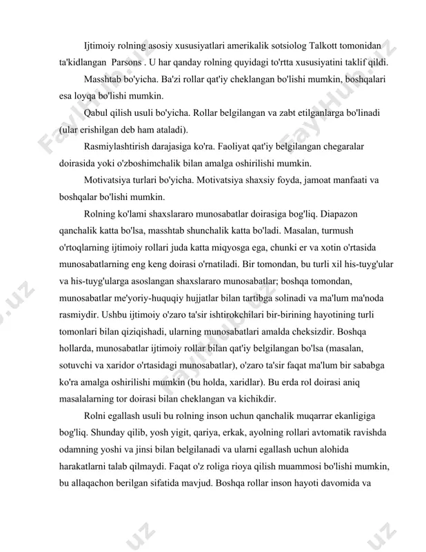 shtirish ushbu rol egasining shaxslararo munosabatlarining o'ziga xos xususiyatlari bilan belgilanadi. ba'zi rollar xulq-atvor qoidalarini qat'iy tartibga soluvchi odamlar o'rtasida faqat rasmiy munosabatlarni o'rnatishni o'z ichiga oladi; boshqalar, aksincha, faqat norasmiy; boshqalari ham rasmiy, ham norasmiy munosabatlarni birlashtirishi mumkin. ko'rinib turibdiki, yo'l harakati politsiyasi vakili bilan yo'l harakati qoidalarini buzuvchi o'rtasidagi munosabatlar rasmiy qoidalar bilan, yaqin odamlar o'rtasidagi munosabatlar esa his-tuyg'ular bilan belgilanishi kerak. rasmiy munosabatlar ko'pincha norasmiy munosabatlar bilan birga keladi, ularda emotsionallik namoyon bo'ladi, chunki odam boshqasini idrok etib, baholab, unga nisbatan hamdardlik yoki antipatiya ko'rsatadi. bu odamlar bir muncha vaqt o'zaro aloqada bo'lganida va munosabatlar nisbatan barqaror bo'lganida sodir bo'ladi. motivatsiya insonning ehtiyojlari va motivlariga bog'liq. turli xil rollar turli motivlar bilan boshqariladi. o'z farzandining farovonligi uchun g'amxo'rlik qilayotgan ota-onalar, birinchi navbatda, sevgi va g'amxo'rlik hissi bilan boshqariladi; rahbar maqsad uchun ishlaydi va hokazo. ijtimoiy rolning shaxs rivojlanishiga ta'siri ijtimoiy rolning shaxs rivojlanishiga ta'siri juda katta. shaxsning …
