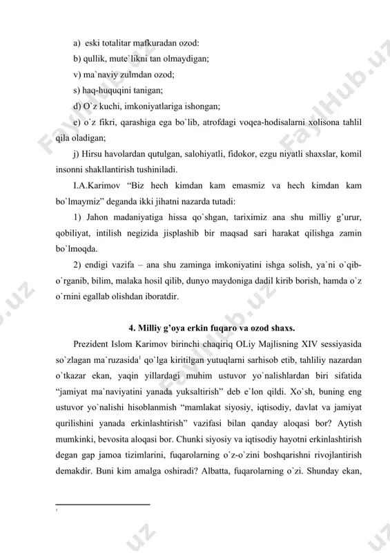 g o`z-o`zini boshqarishni rivojlantirish demakdir. buni kim amalga oshiradi? albatta, fuqarolarning o`zi. shunday ekan, fuqarolar o`z haq-huquqini tanimasdan, faollashmasdan, siyosiy ongi oshmasdan, chinakamiga vatanparvar, fidoyi bo`lmasdan bu vazifalarni ado eta olmaydi. bu ulkan vazifani bajarish uchun har bir fuqaro chinakamiga fuqarolik burchini anglagan, kurashchan va faol bo`lishi lozim. erkin fuqaro va ozod shaxs quyidagi to`rt jihatni, ya`ni: 1) o`z haq-haquqini taniydigan va buning uchun kurashadigan; 2) o`z kuchi va imkoniyatlarini ishga solib uning samarasini ko`radigan; 3) atrofida sodir bo`layotgan voqea-hodisalarga mustaqil munosabat bildira oladigan; 4) shaxsiy manfaatini mamlakat va xalq manfaati bilan uyg’un holda ko`rib faoliyat yuritadigan bo`lishi lozim. bu – o`zbekiston o`g’il-qizlari fazilatlari haqidagi zamonaviy aniq va to`liq ta`rifdir. diqqat qilinsa, bunda so`z har kun bizga kerak bo`ladigan, har birimizni va butun jamiyatni bezaydigan xislatlar haqida borayotgani ma`lum bo`ladi. ushbu talablar o`zaro bir-biri bilan bog’liq. demoqchimizki, o`z haq-huquqini tanigan odam, o`z kuchiga tayanib imkoniyatlarini ishga sola oladi. o`zi ham …