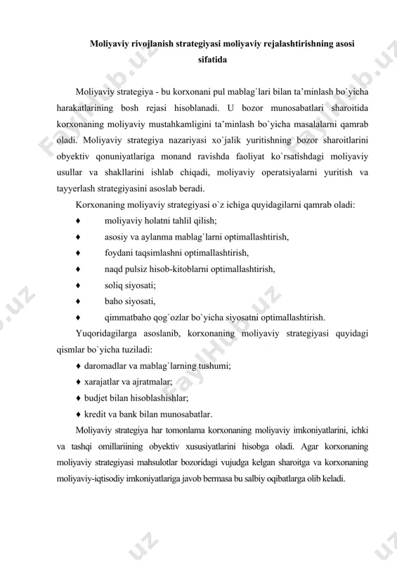 trategik vazifalarning bajarilishi strategiyasiga (ayrim strategik maqsadlarga erishishlar) qarab bosh va tezkor moliyaviy strategiyani farqlash lozim. bosh moliyaviy strategiya deb bir yilga korxonaning faoliyatini aniqlaydigan, uning hamma darajadagi budjetlar bilan o`zaro munosabatlarini, korxonaning daromadini shakllantirish va undan foydalanishni, moliyalashtirish manbalari va talab mikdorlarini aniqlaydigan moliyaviy strategiyaga aytiladi. joriy davrda mavjud moliyaviy resurslarga moslashish uchun, ichki zaxiralarni jalb qilish va mablag`larni foydalanish ustidan nazorat qilish uchun, ba’zan esa iqtisodiy nochor sharoitda, moliyaviy strategiyalar bir chorak, oyga yoki zarur bo`lganda undan ham qisqa muddatga ishlab chiqiladi. tezkor moliyaviy strategiyaning bosh moliyaviy strategiyadan farqi shundaki, u barcha yalpi daromadni va mablag`lar tushumlarini (ish haqi, sotilgan mahsulotlar uchun sotib oluvchilar bilan hisob-kitoblar, kredit operatsiyalar bo`yicha tushumlar) va barcha yalpi chiqimlarni(yetkazib beruvchilarga to`lovlar, ish haqi, barcha darajadagi budjetlar va banklardan qarzlarni qoplash) qamrab oladi. bunday tushumlarning va xarajatlarning tarkibini sinchiklab o`rganish rejalashtirilayotgan davrga pul tushumlari va xarajatlari bo`yicha oborotlarni oldindan aniqlashga imkon beradi. daromadlar bilan …